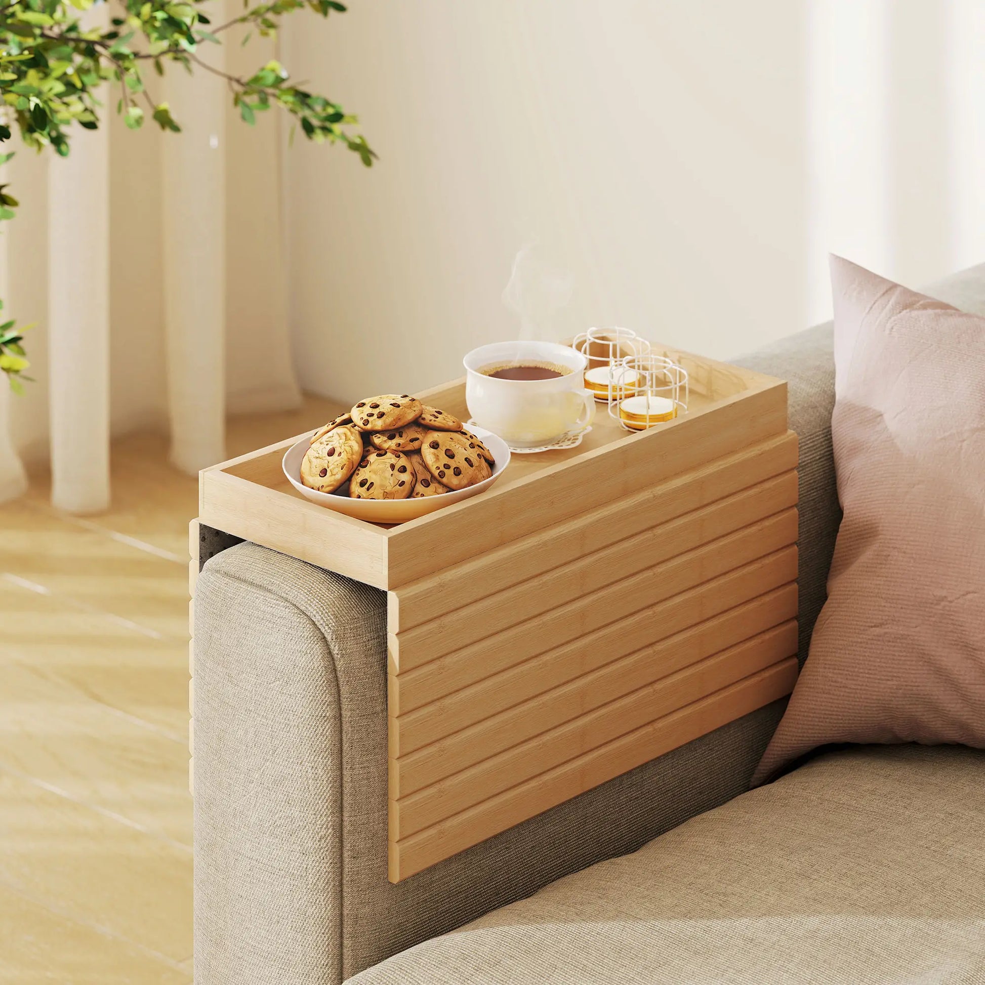Bamboo Couch Arm Tray, Flexible Roll-up Design, Wide Compartment, Natural Living Room Furniture at Gallery Canada