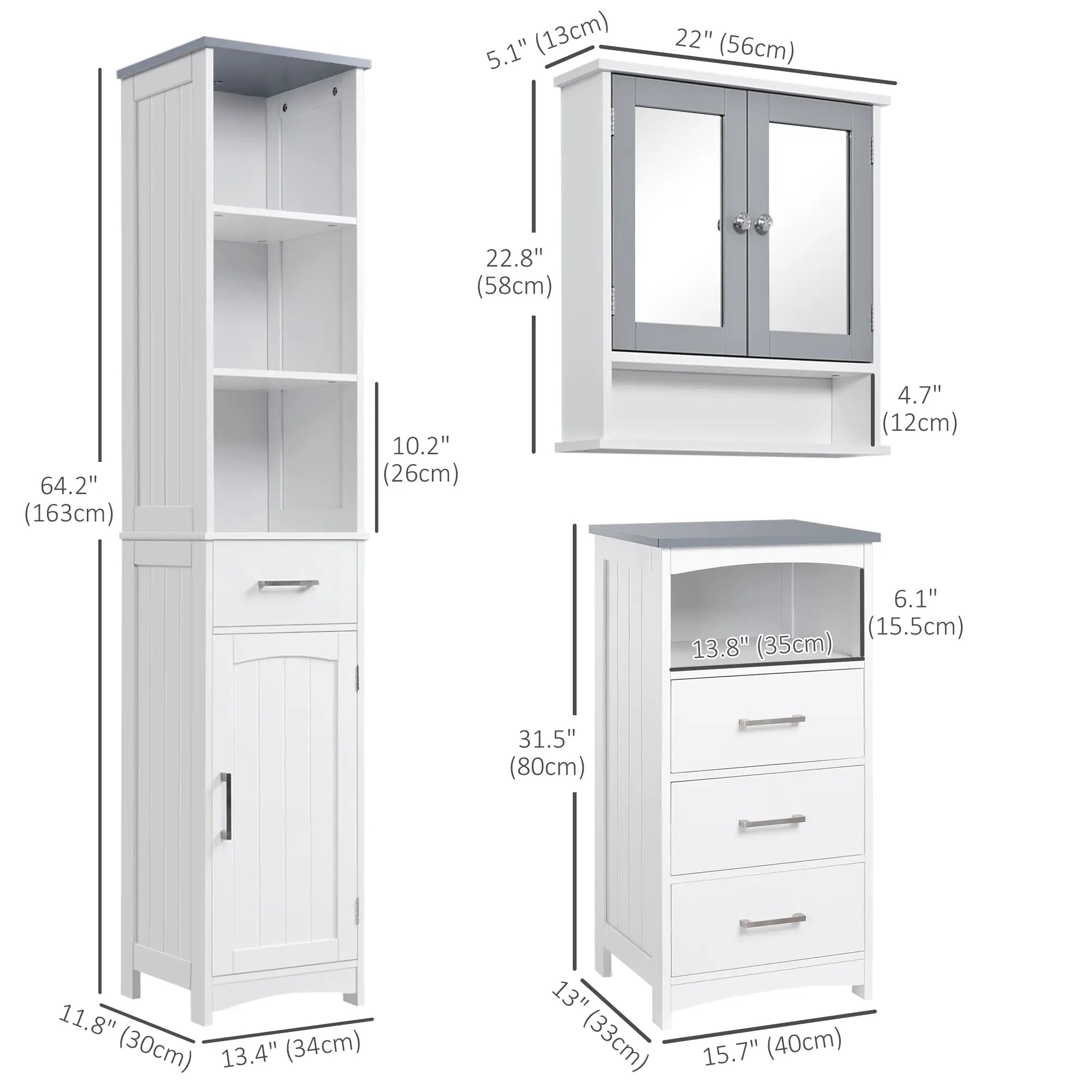 3-Piece Bathroom Set, Tall and Small Cabinets, Wall Mount Mirror, White Storage Cabinets at Gallery Canada