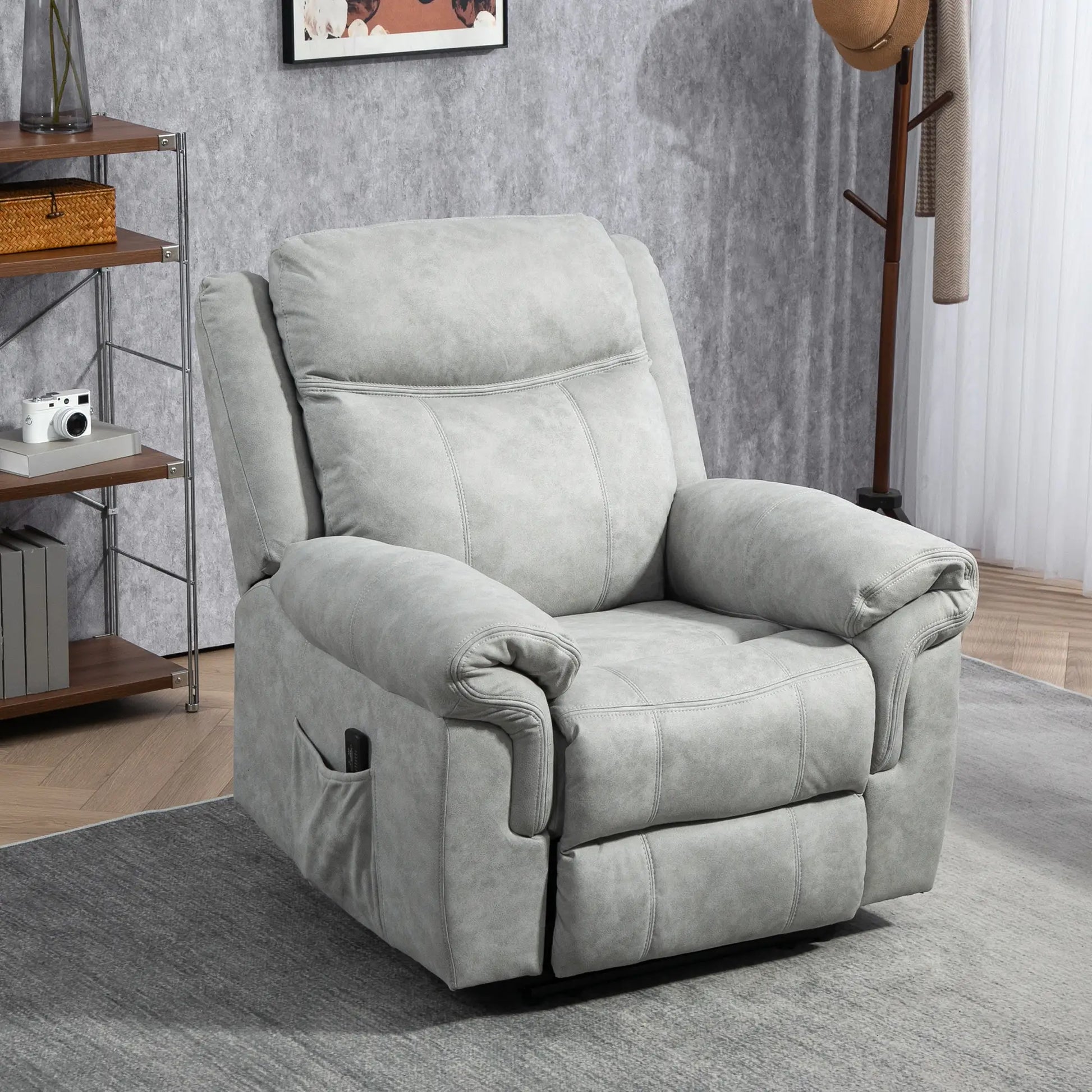 Manual Recliner Chair with Vibration Massage, Side Pockets, Microfibre Reclining Chair for Living Room, Grey Sofas & Reclining Chairs at Gallery Canada