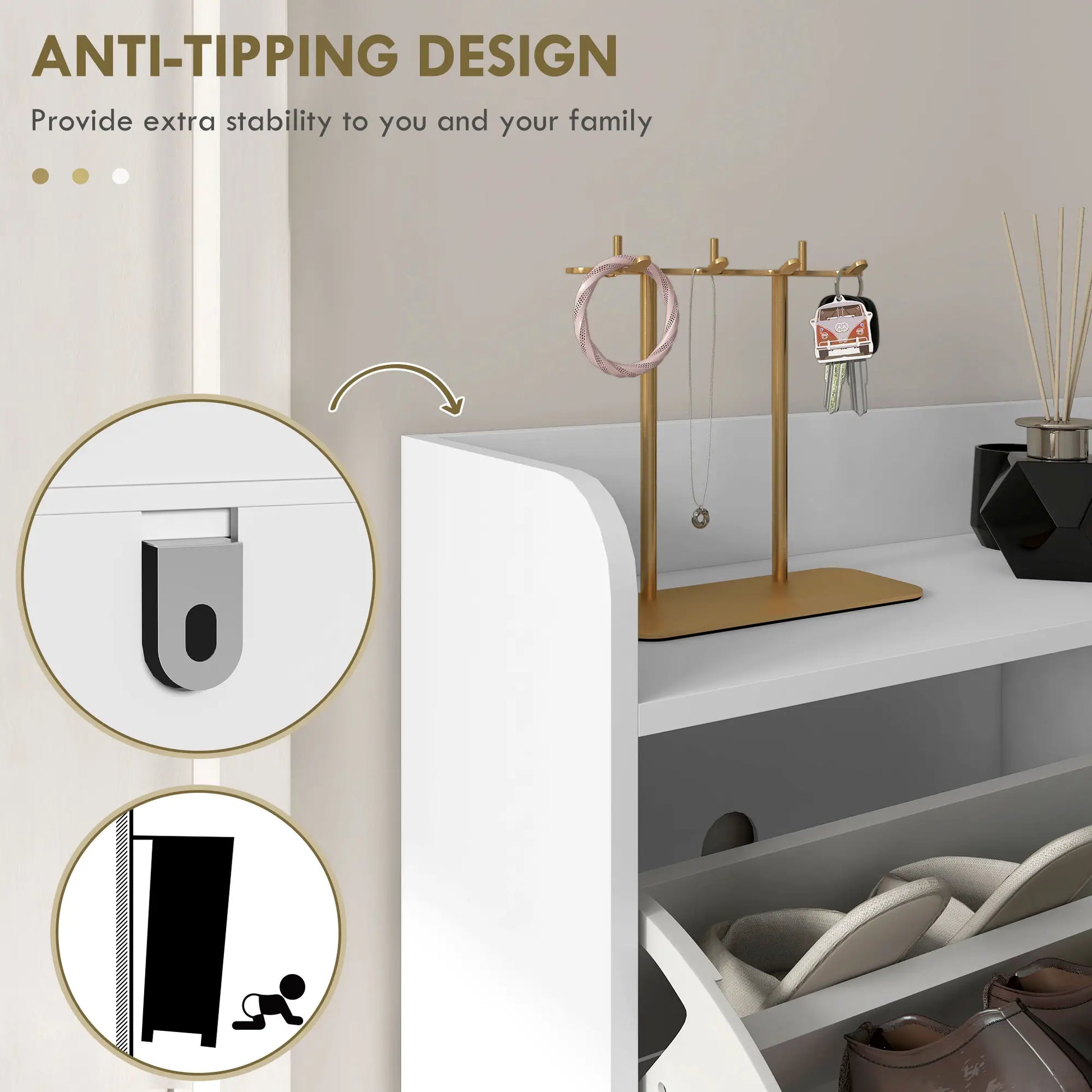 Shoe Storage Cabinet, 4 Flip Drawers, Adjustable Shelf, Holds 16 Pairs, White Shoe Storage Cabinets & Racks at Gallery Canada