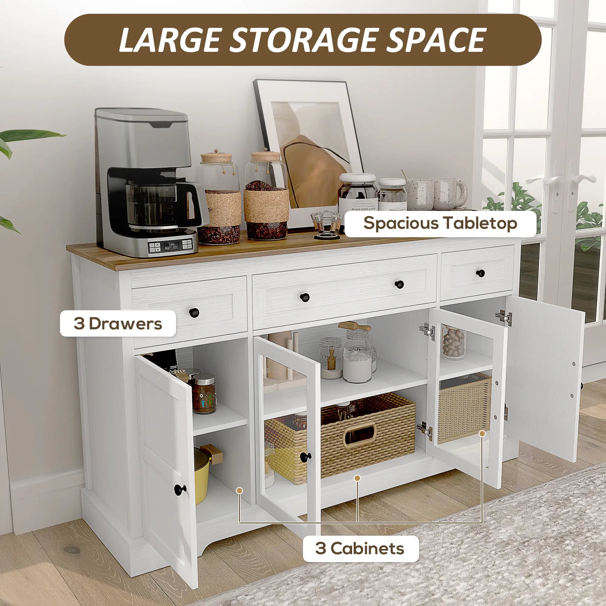 Sideboard Buffet Cabinet, Coffee Bar with Glass Doors, Adjustable Shelves, Distressed White, White Bar Cabinets at Gallery Canada