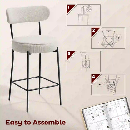 Set of 2 Upholstered Corduroy Barstools with Backrest, Footrest, Cream White Bar Stools at Gallery Canada