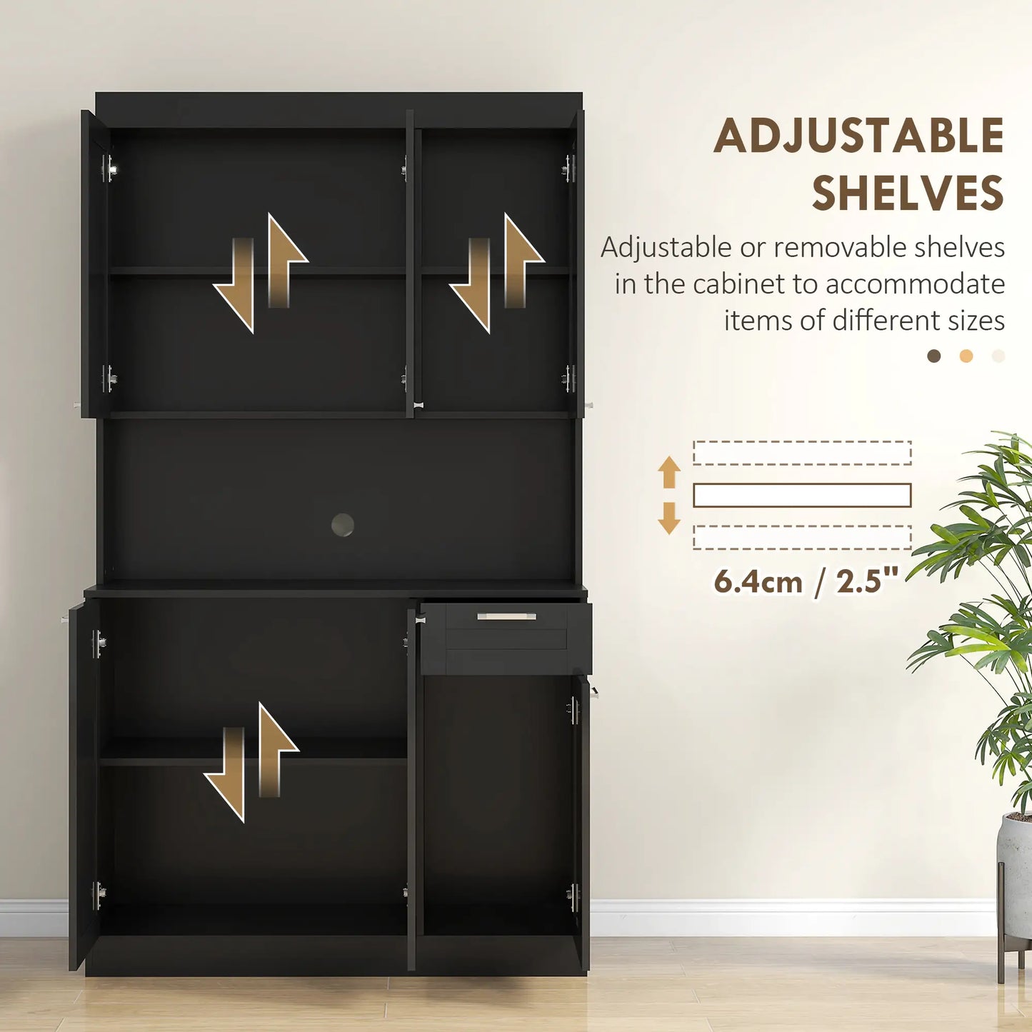 71" Kitchen Pantry Cabinet, Storage Buffet with Hutch, Adjustable Shelves, High Gloss Black, Black Kitchen Pantry Cabinets at Gallery Canada