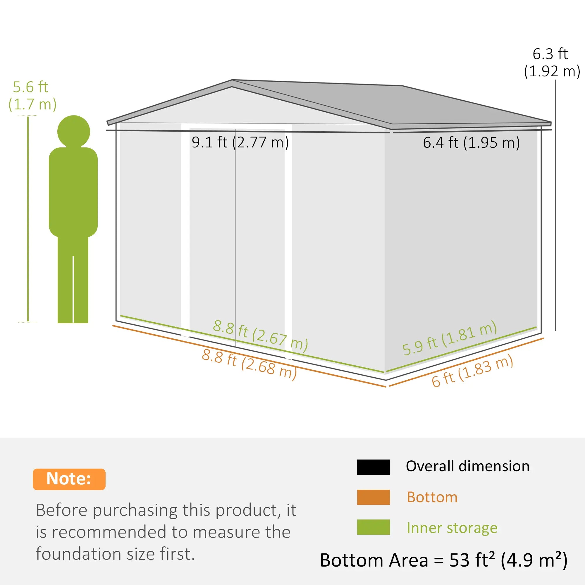 9.1' x 6.4' x 6.3' Garden Storage Shed, Foundation Kit, Metal Tool House, Double Doors, Silver Sheds at Gallery Canada