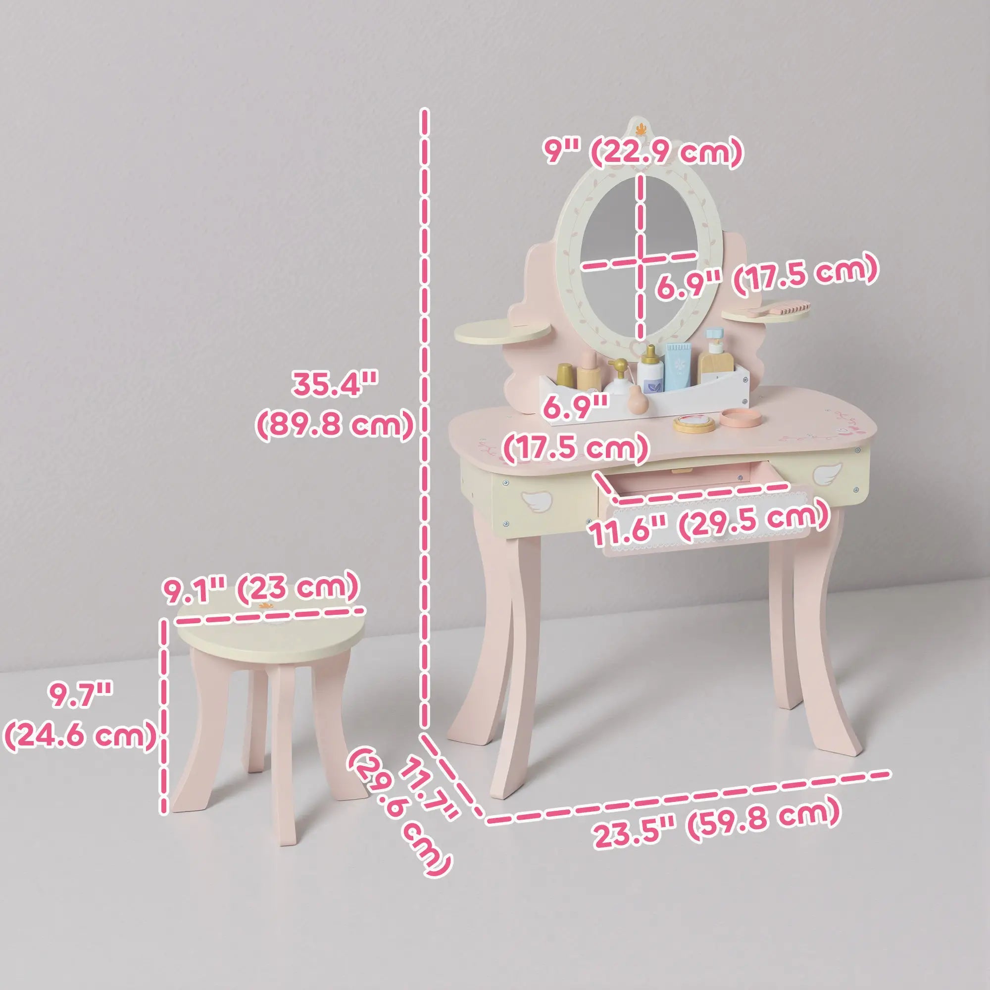 Kids Vanity Set with Mirror, Stool, 7 Accessories, Pink Toy Vanity at Gallery Canada