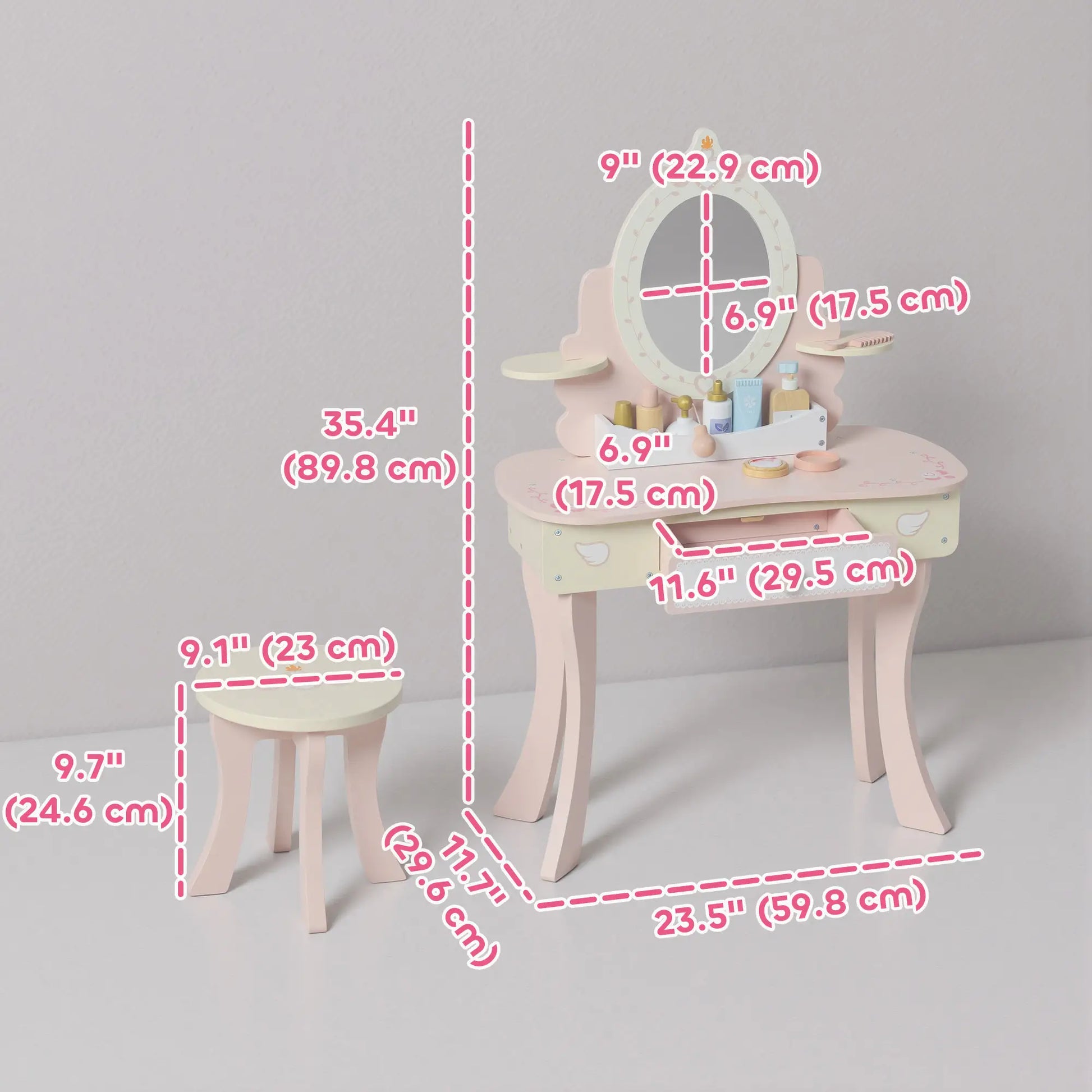 Kids Vanity Set with Mirror, Stool, 7 Accessories, Pink Toy Vanity at Gallery Canada