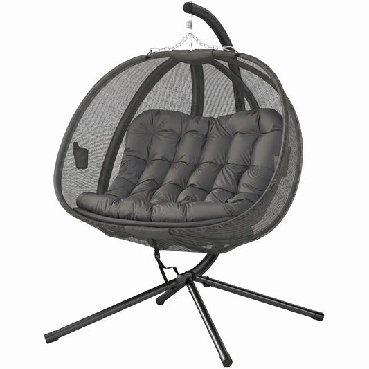 Double Egg Chair with Stand, 2 Person Hanging Swing, Grey Patio Swings with Stand Grey, Black at Gallery Canada