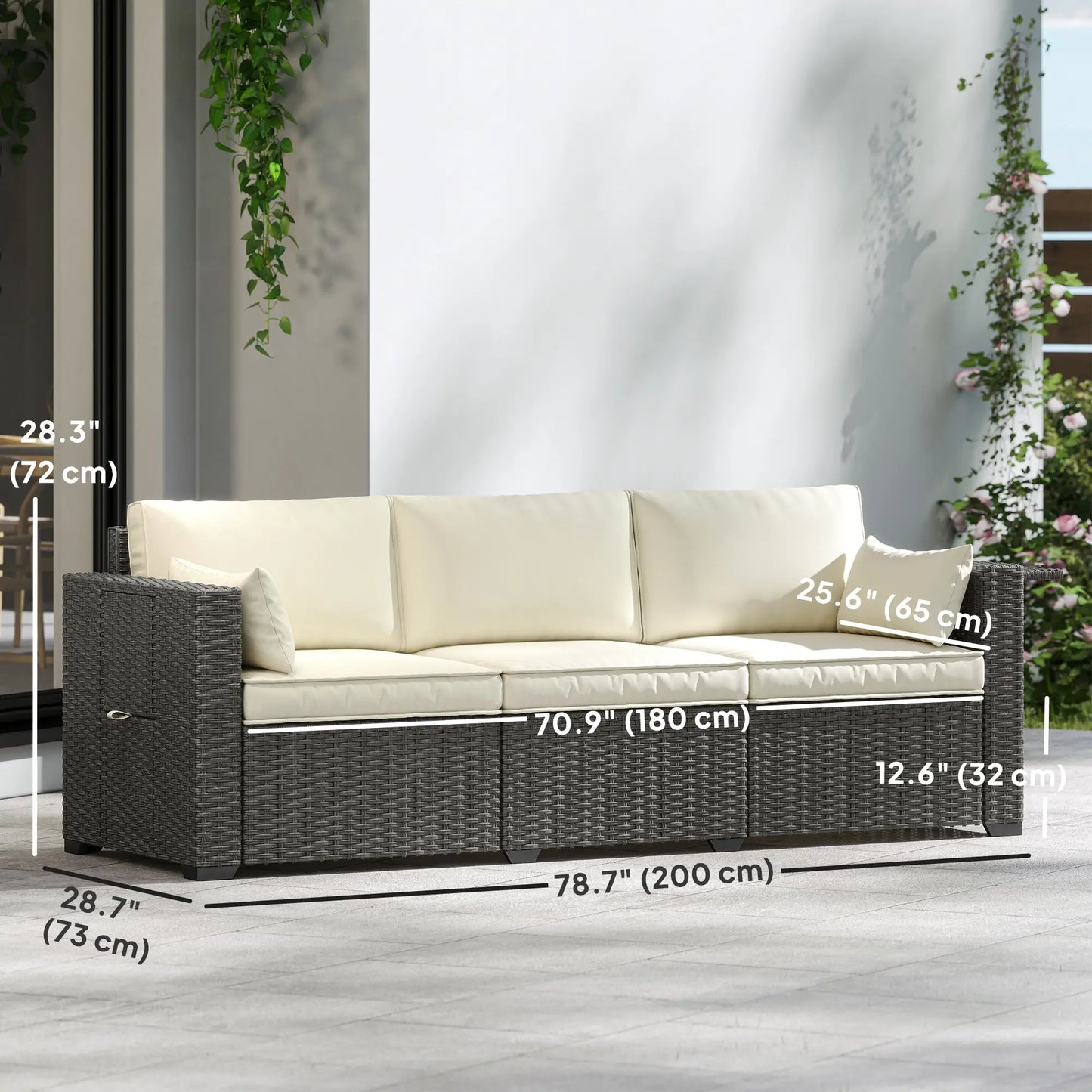 3 Seater Wicker Patio Sofa, 6" Thick Cushions, Cream White Patio Furniture Sets at Gallery Canada