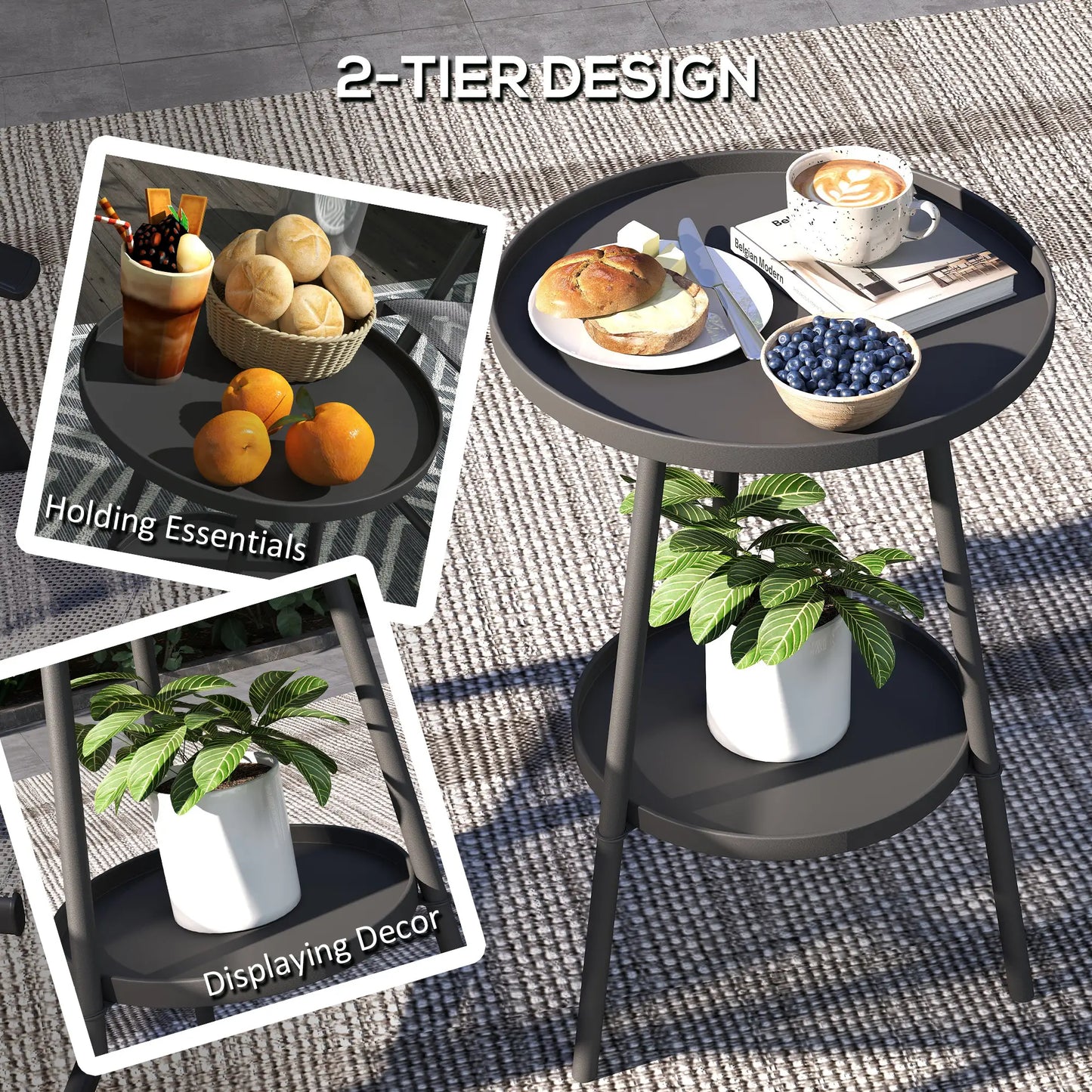 Round Garden Table, 2-Tier Small Side Table, Metal Patio Table, Black Patio Side Tables at Gallery Canada