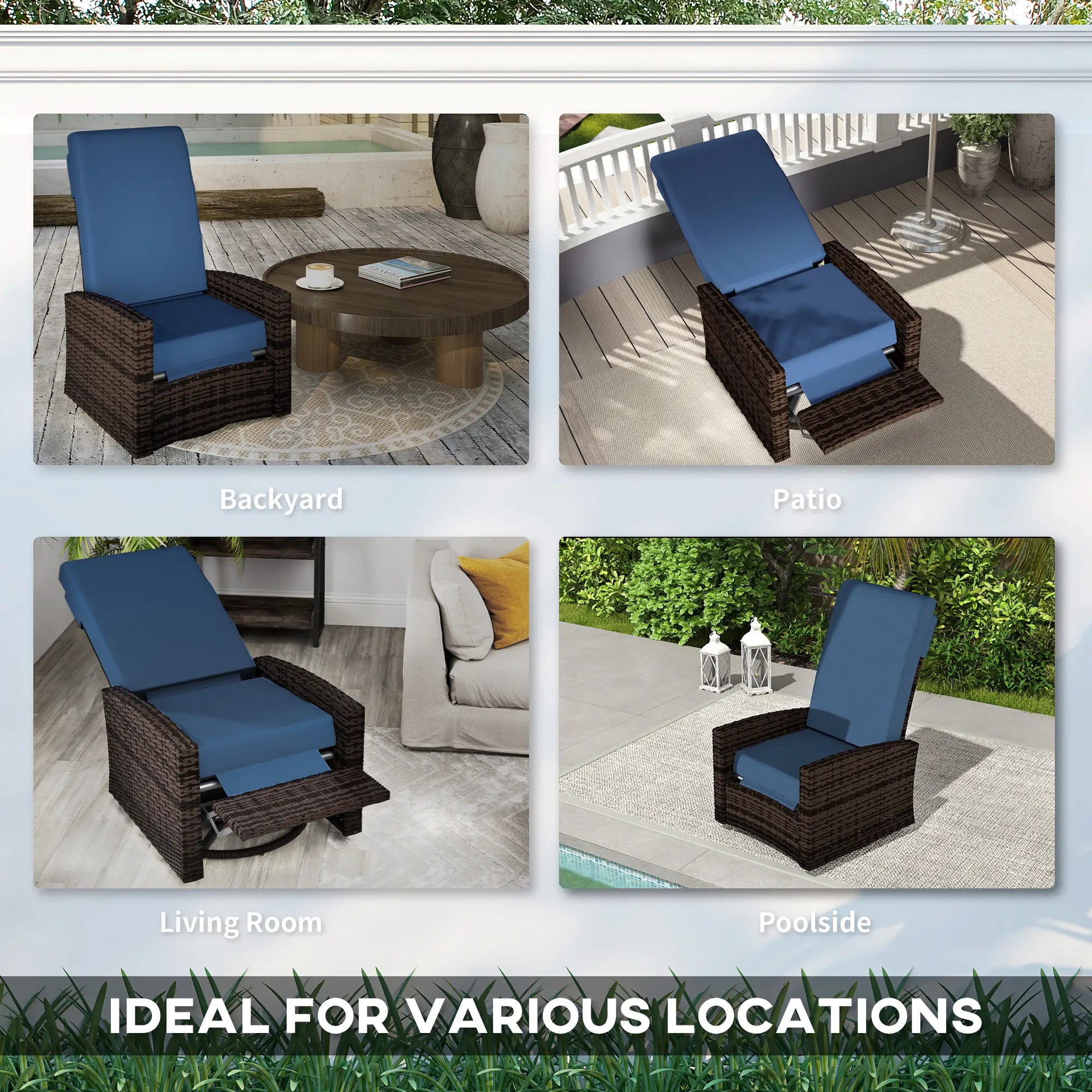 Outdoor Rattan Wicker Lounge Chair with Footrest &; Soft Cushion for Patio, Garden, Backyard, Dark Blue Patio Chairs at Gallery Canada