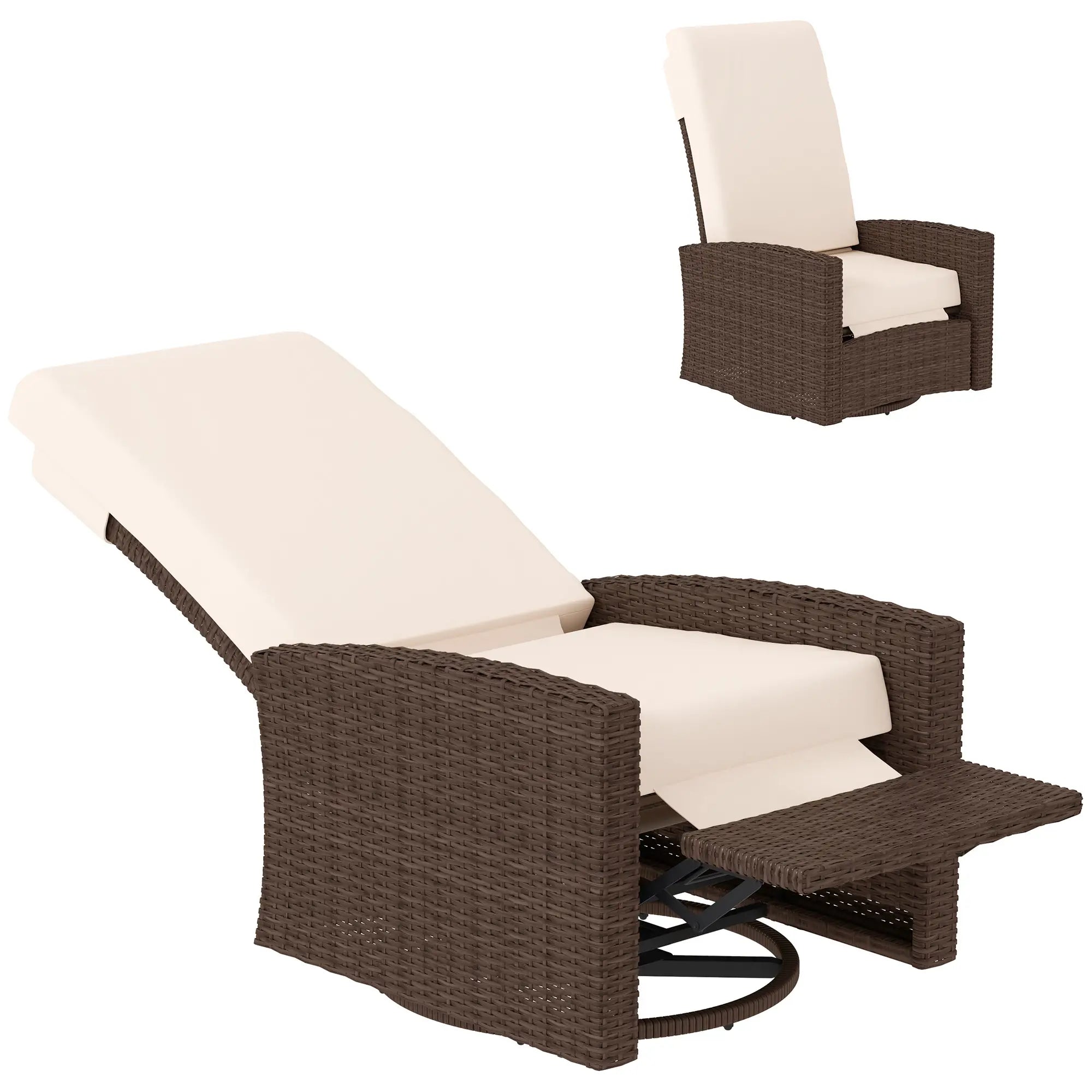 Outdoor Rattan Lounge Chair with Footrest, Soft Cushion, Cream White Patio Chairs at Gallery Canada