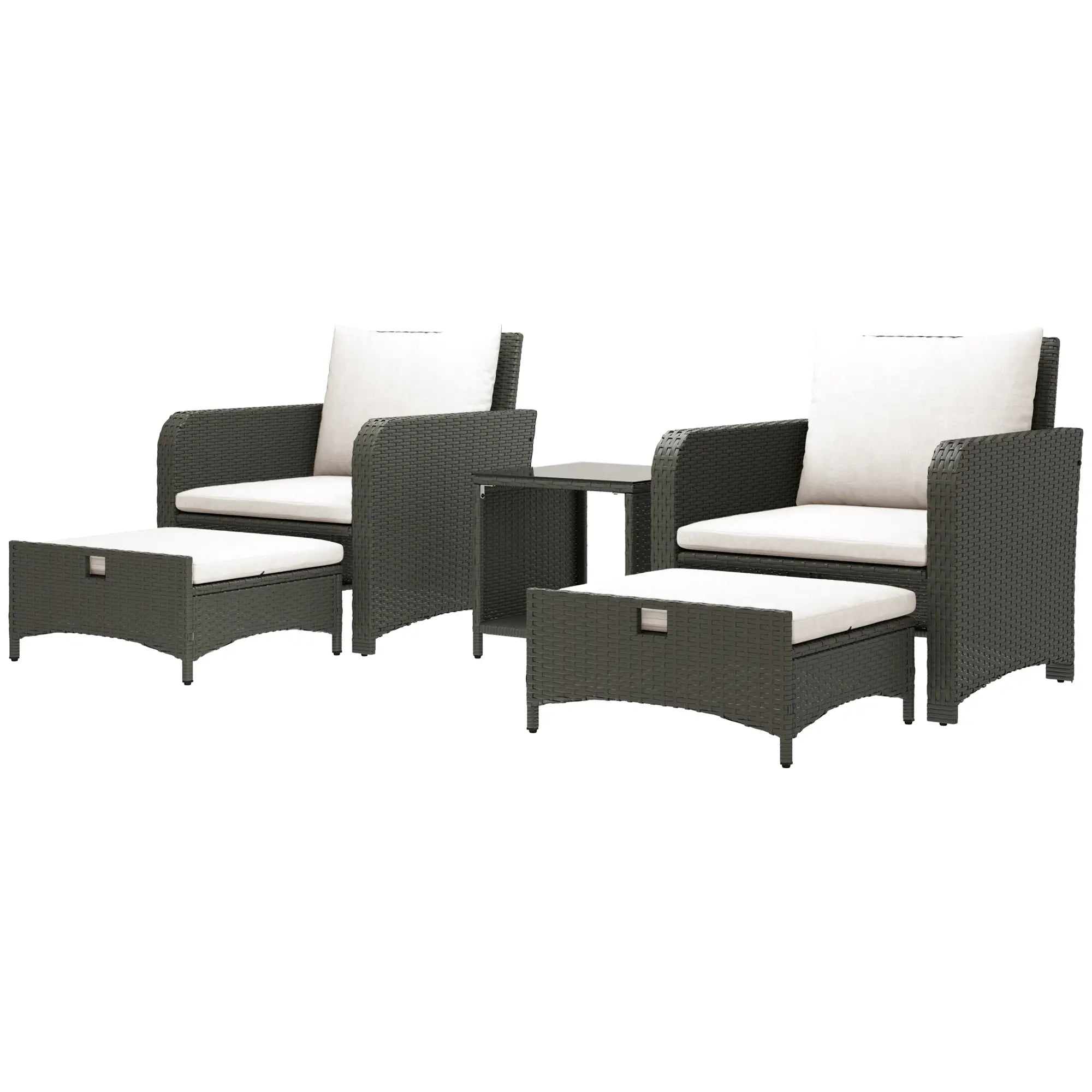 5 Piece Rattan Balcony Set, Wicker Outdoor Furniture, 2-Tier Coffee Table, Ottomans, Cream White, Grey Patio Furniture Sets Grey, Cream White at Gallery Canada