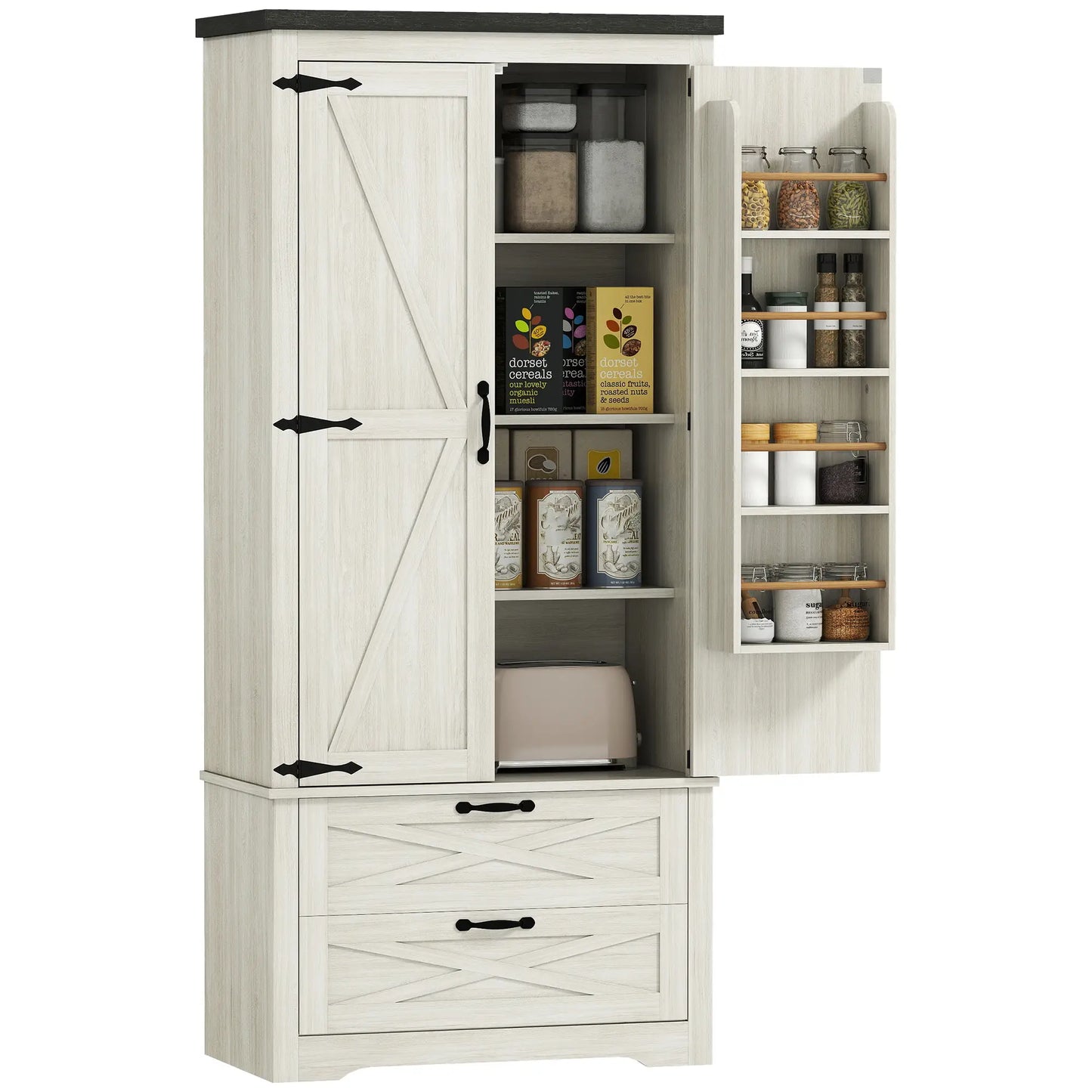 Farmhouse Kitchen Pantry, 64" Freestanding, Distressed, White Kitchen Pantry Cabinets at Gallery Canada