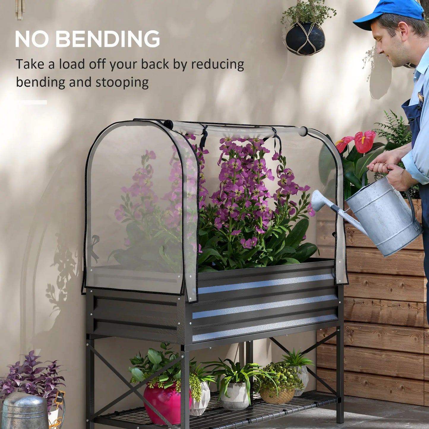 Metal Raised Garden Bed With Cover, With Bottom Shelf And Liner, Black