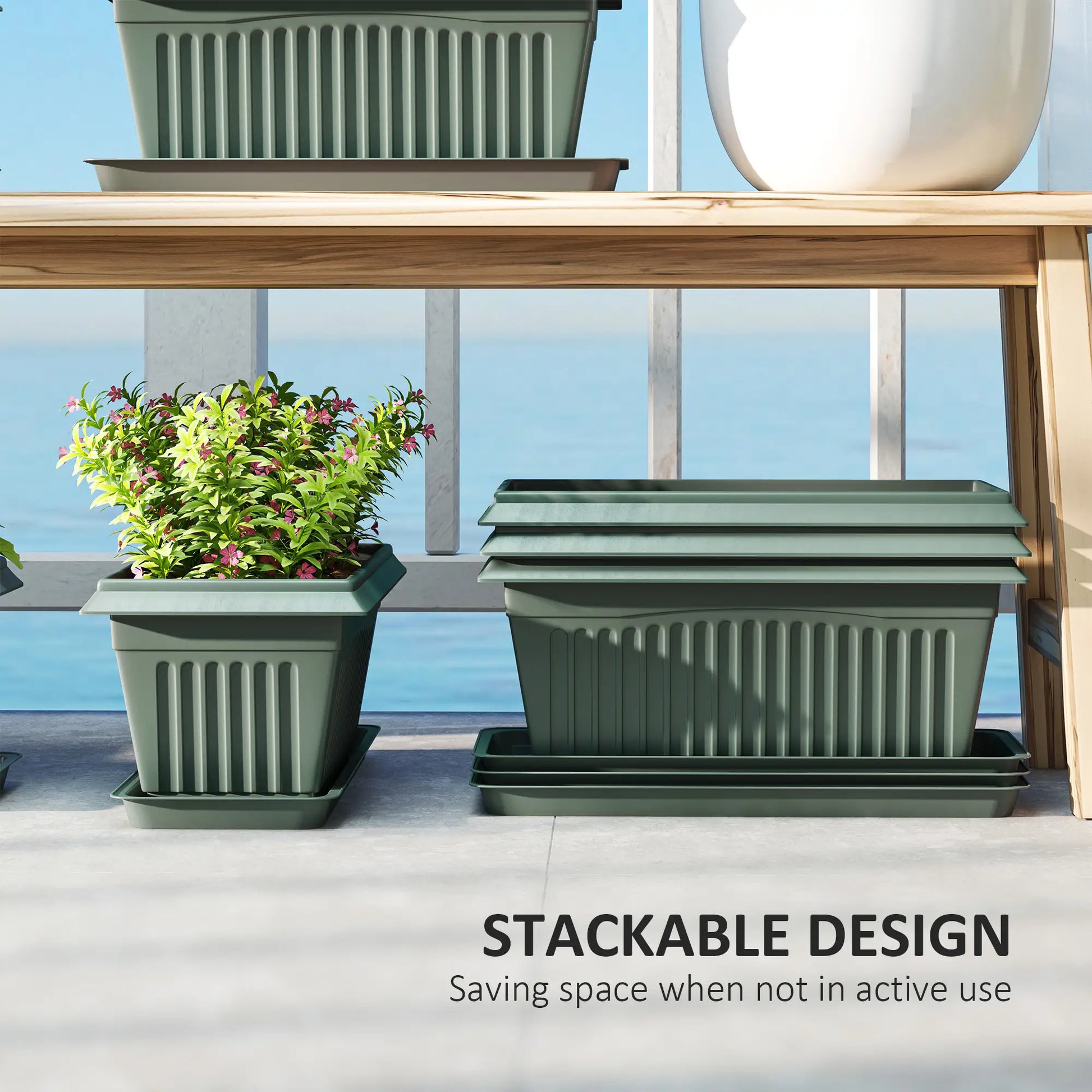7 Pack 15.7" Plastic Flower Planters, Drainage Holes, Trays, Green Garden Accessories at Gallery Canada