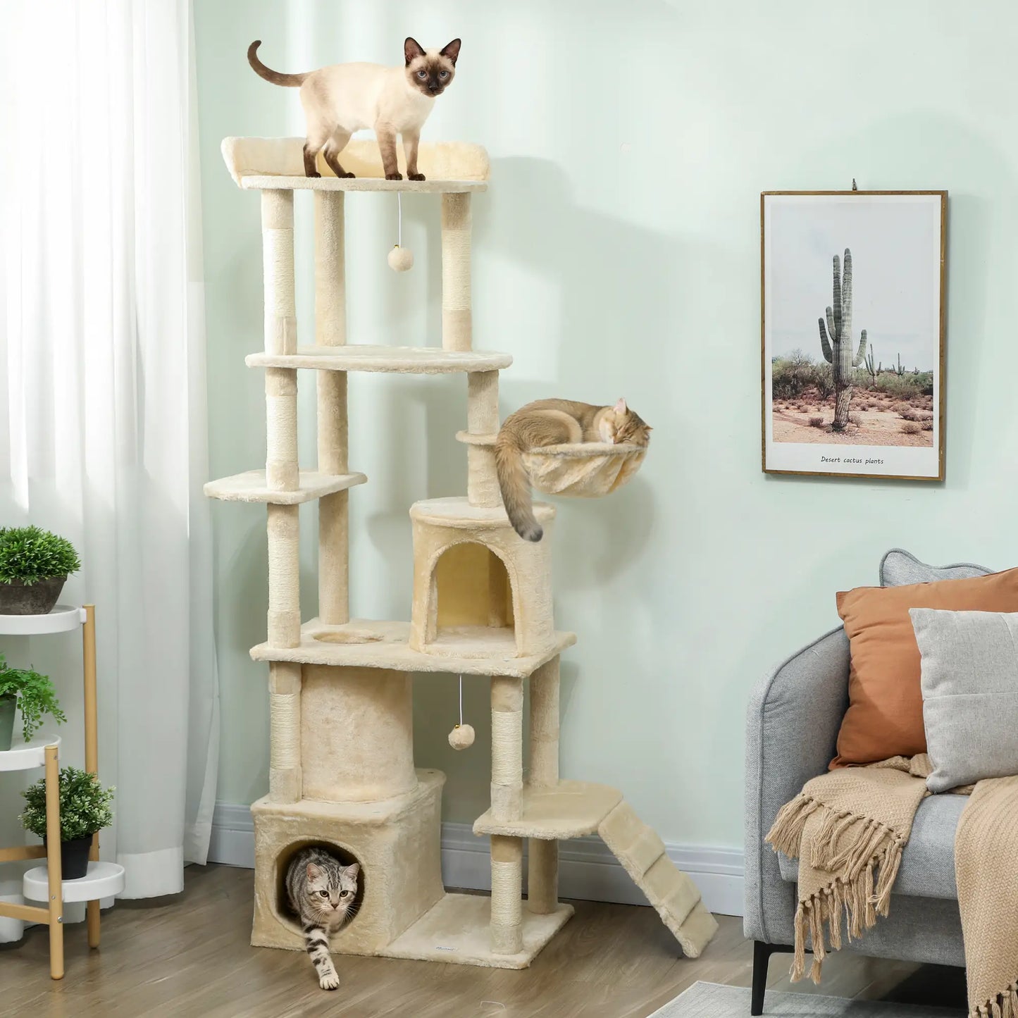 67" Large Cat Tree with 7 Scratching Posts, Tunnel, 2 Condos, Hammock, Perch, Ramp, Pompoms, Beige