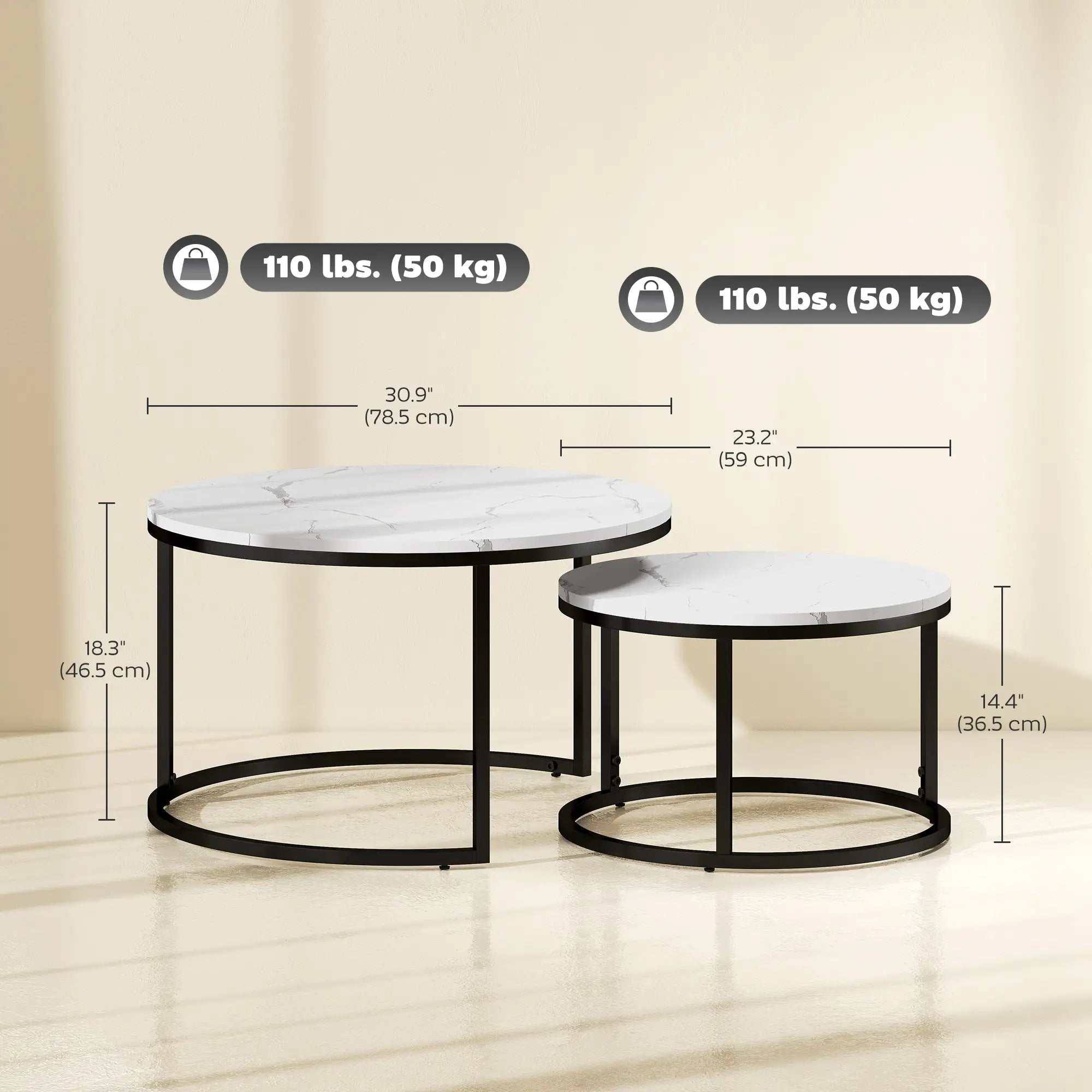Modern Coffee Table Set of 2, Nesting Side Tables, Metal Base, Faux Marbled, White Coffee Tables at Gallery Canada
