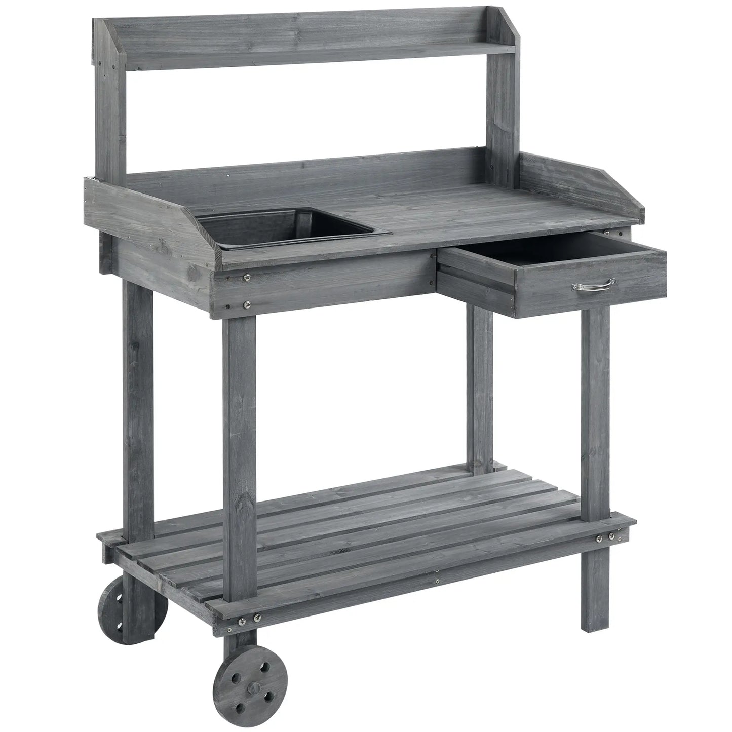 36" Wooden Potting Bench, Work Table, 2 Wheels, Sink, Drawer, Gray Potting Benches & Tables Grey at Gallery Canada