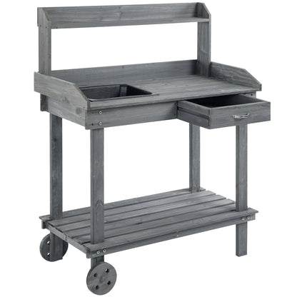 36" Wooden Potting Bench, Work Table, 2 Wheels, Sink, Drawer, Gray Potting Benches & Tables Grey at Gallery Canada