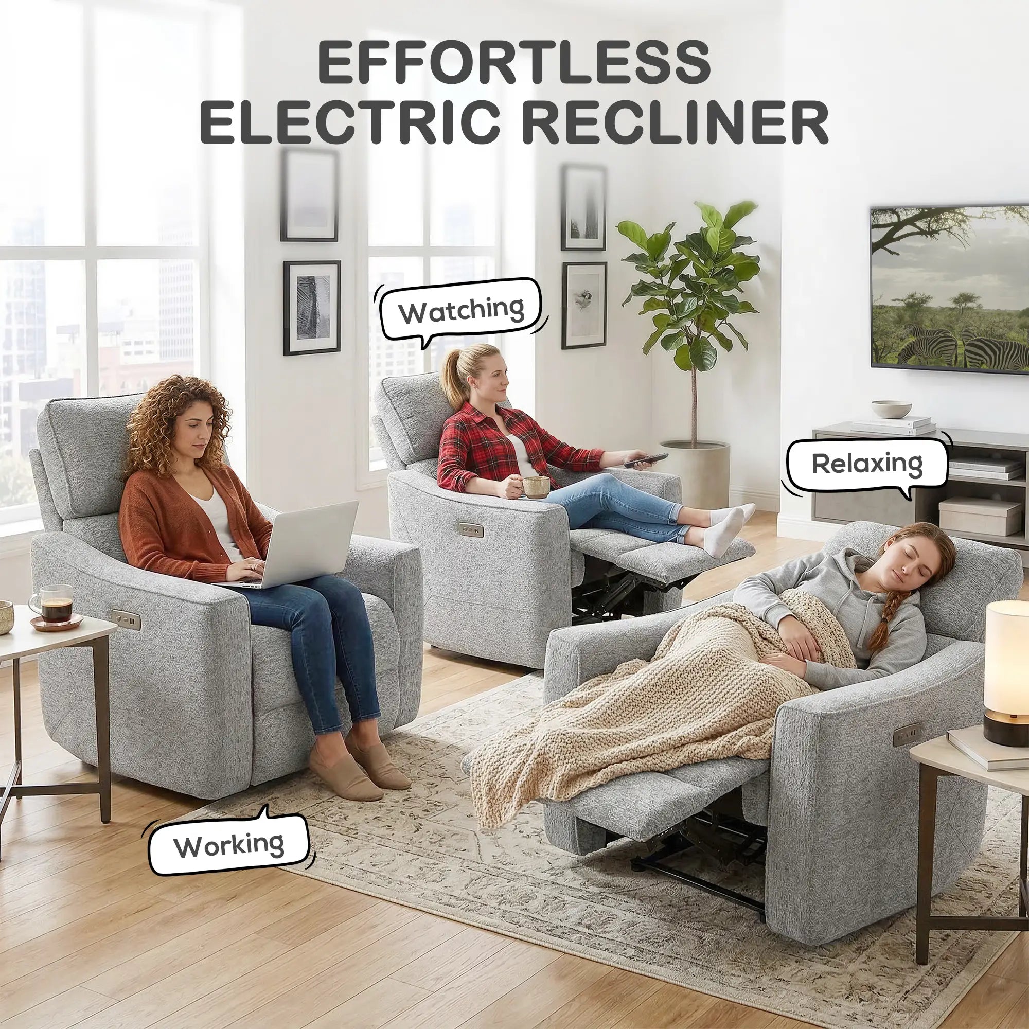 Power Recliner Chair, Linen Fabric, USB Ports, Footrest, Grey Sofas & Reclining Chairs at Gallery Canada