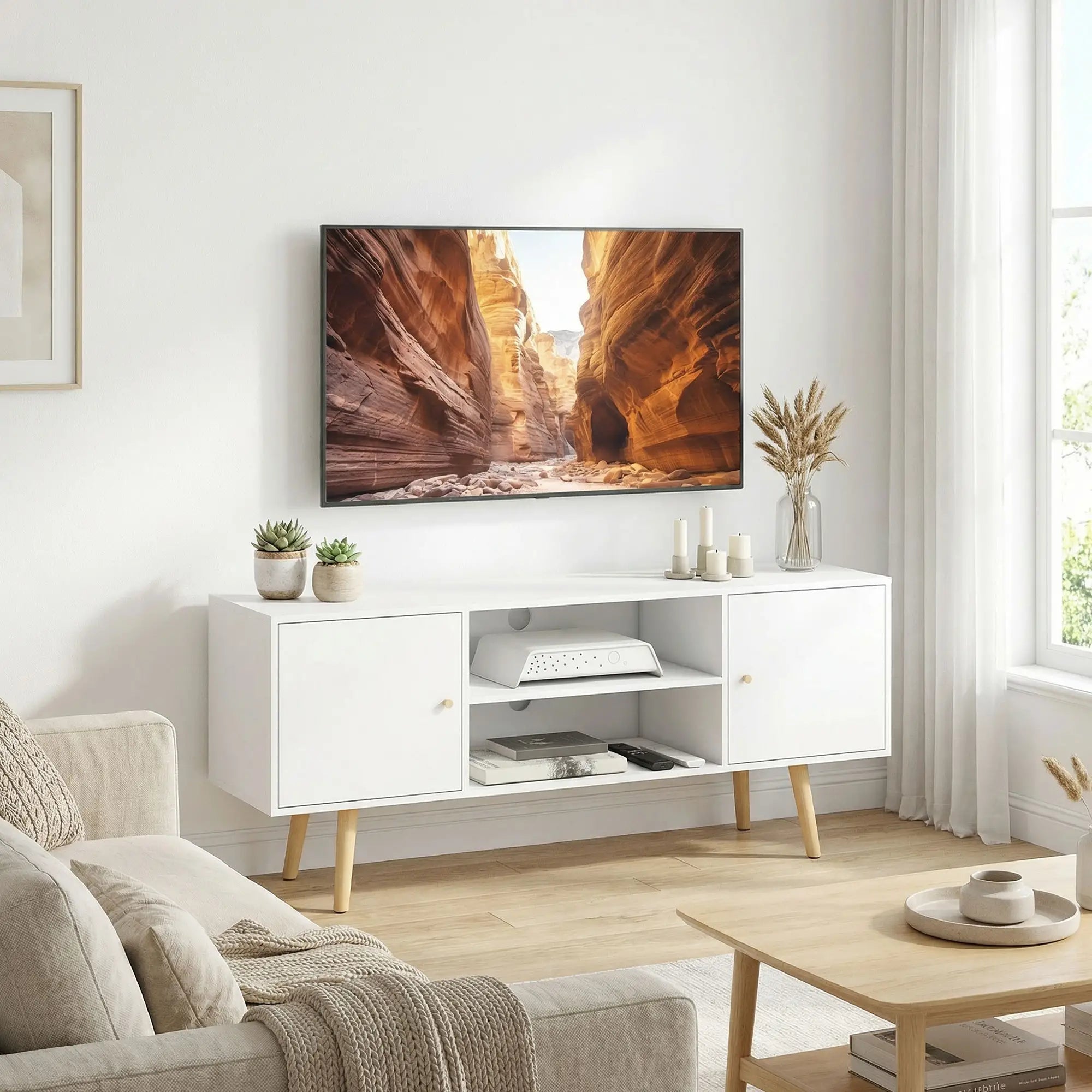 TV Stand for 55 Inches, Storage Shelves, Wood Legs, White TV Stands at Gallery Canada