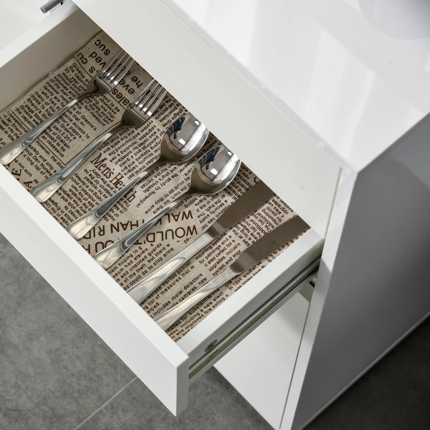 Buffet haut brillant, 2 tiroirs, 2 portes, étagère réglable, blanc