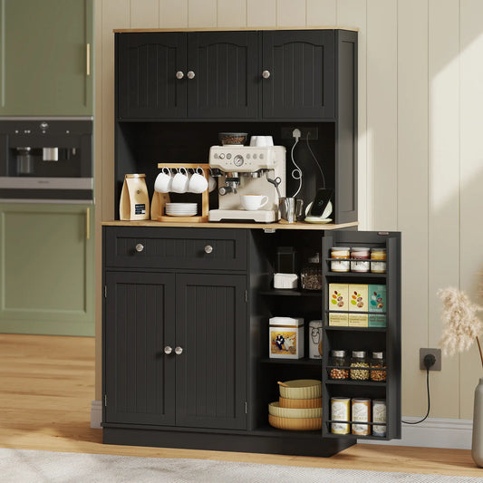 68" Pantry Cabinet with Charging Station, Microwave Stand, 4 Door Racks, Black Kitchen Pantry Cabinets Black, Oak at Gallery Canada