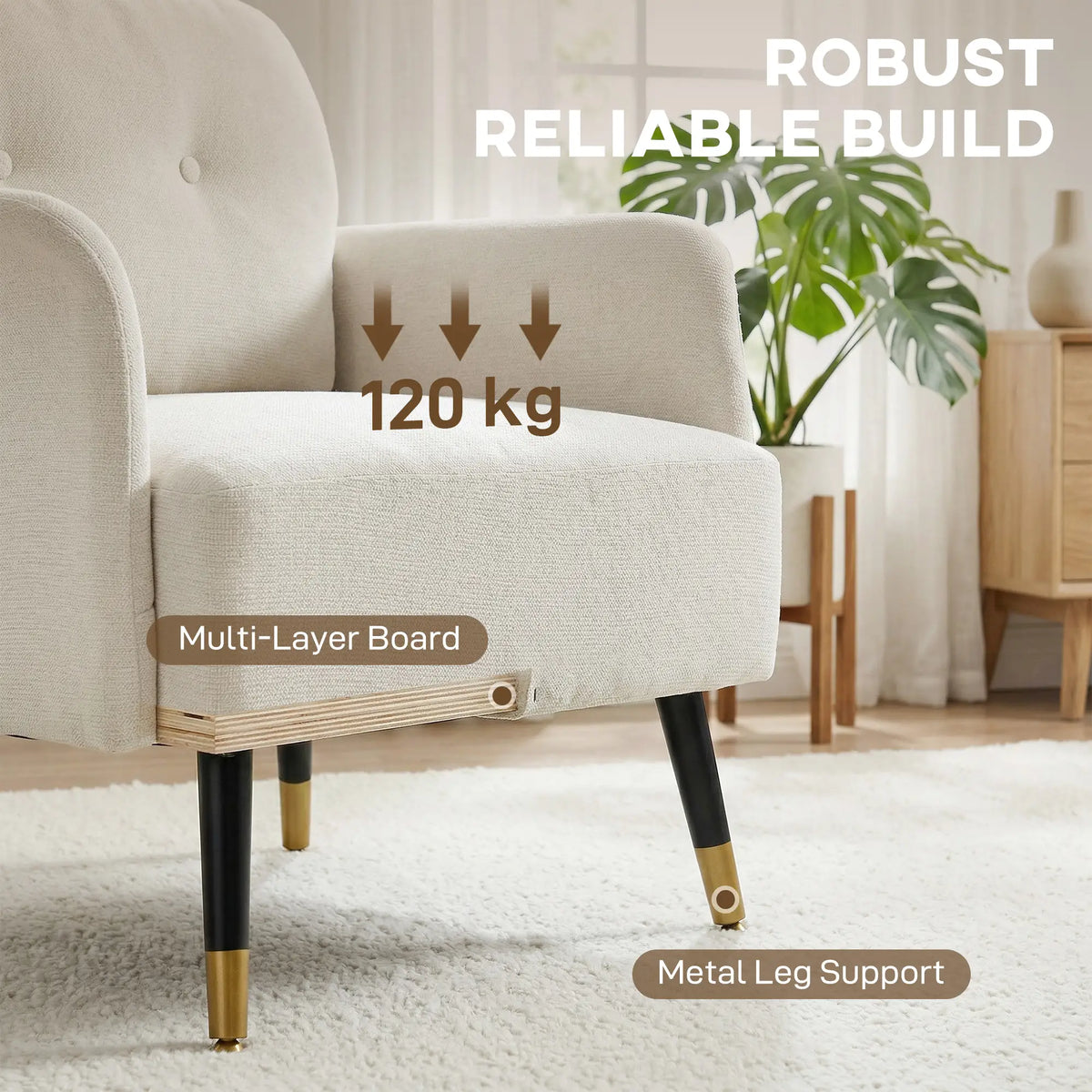 Modern Tufted Accent Chair, Metal Legs, Upholstered Reading Armchair, Cream White Accent Chairs at Gallery Canada