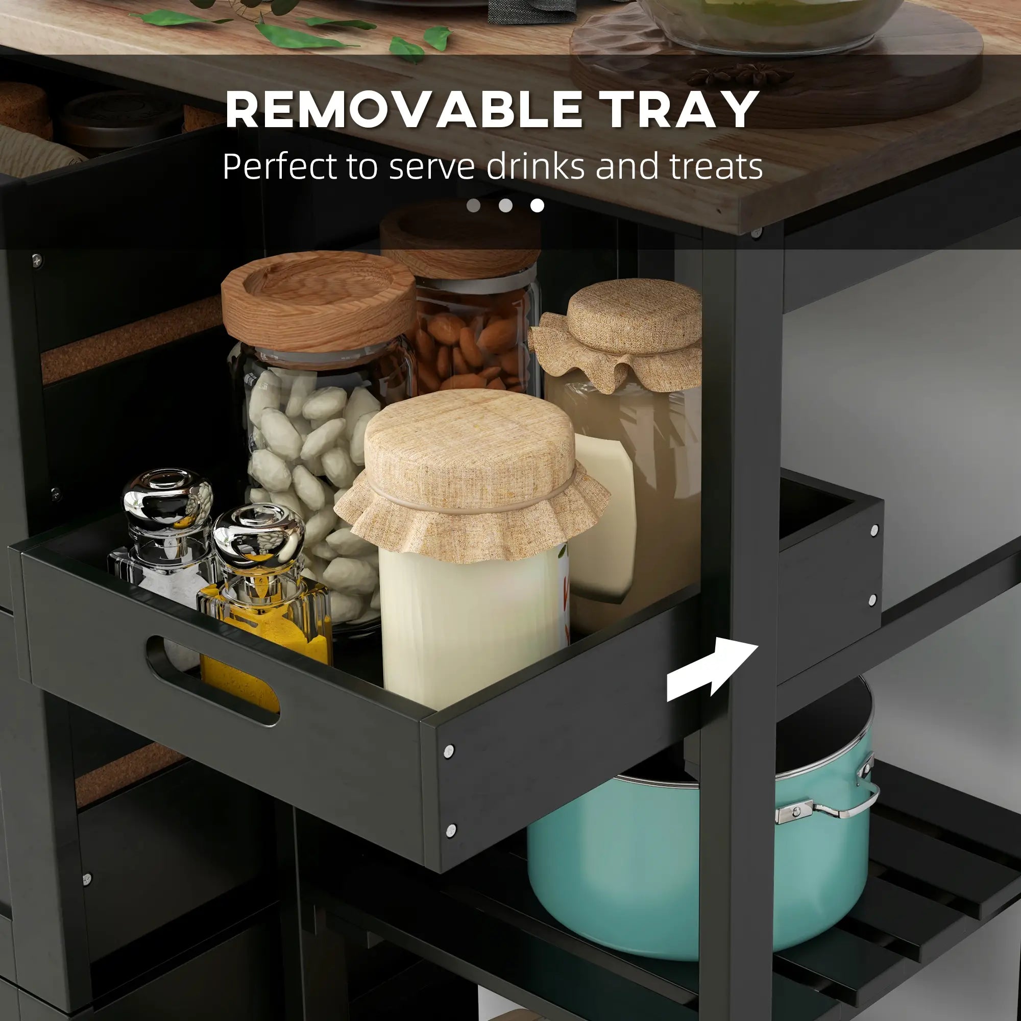 Kitchen Cart on Wheels, Wood Top, 3 Drawers, Shelves, Black Kitchen Islands & Kitchen Carts at Gallery Canada