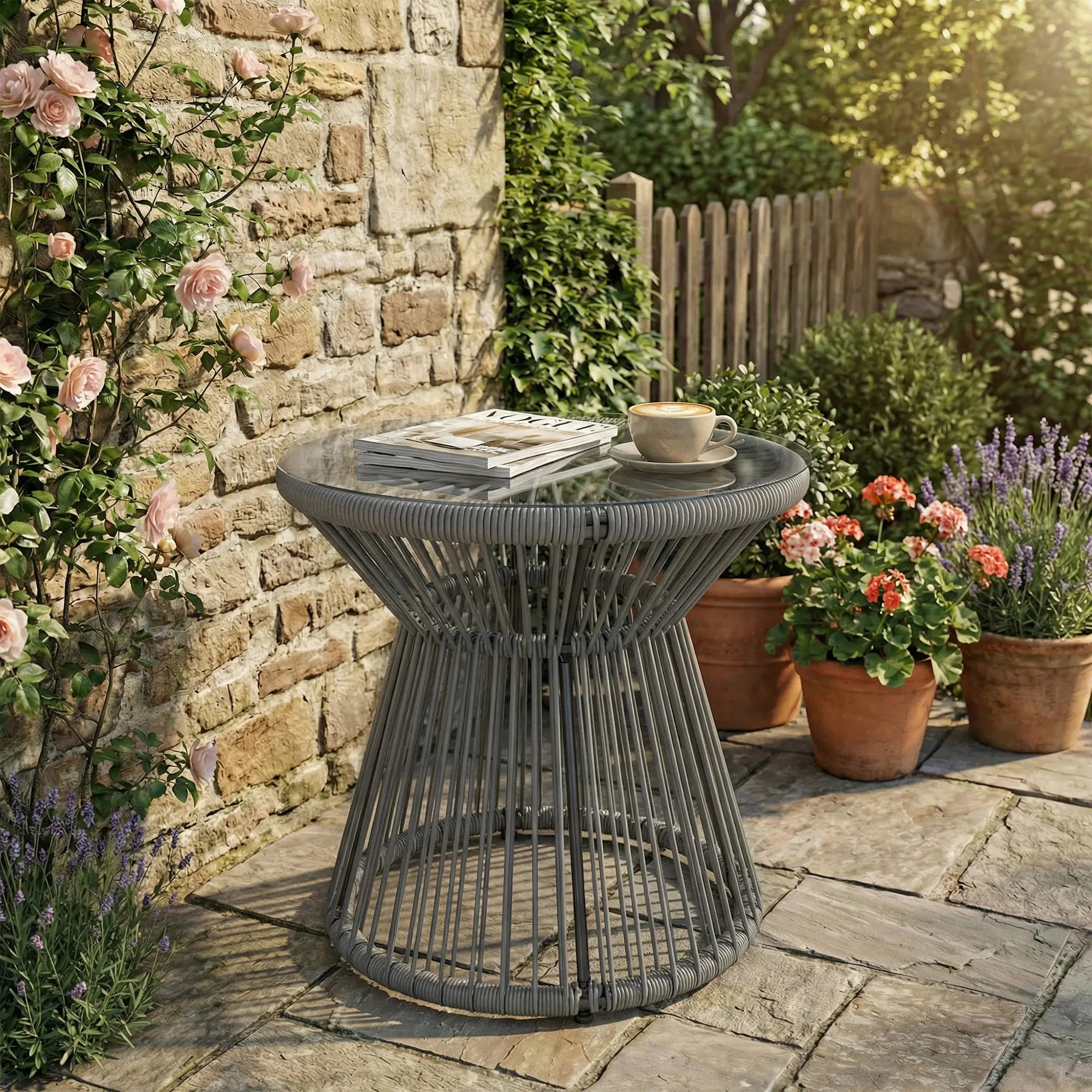 Round Rattan End Table, Hollow Drum Design, Glass Top, Dark Grey Patio Side Tables at Gallery Canada