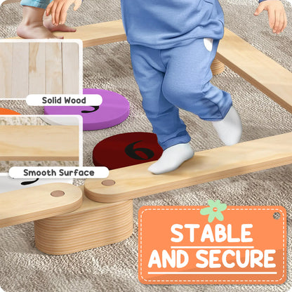 6 PC Wooden Balance Beam for Kids, Indoor Outdoor Coordination