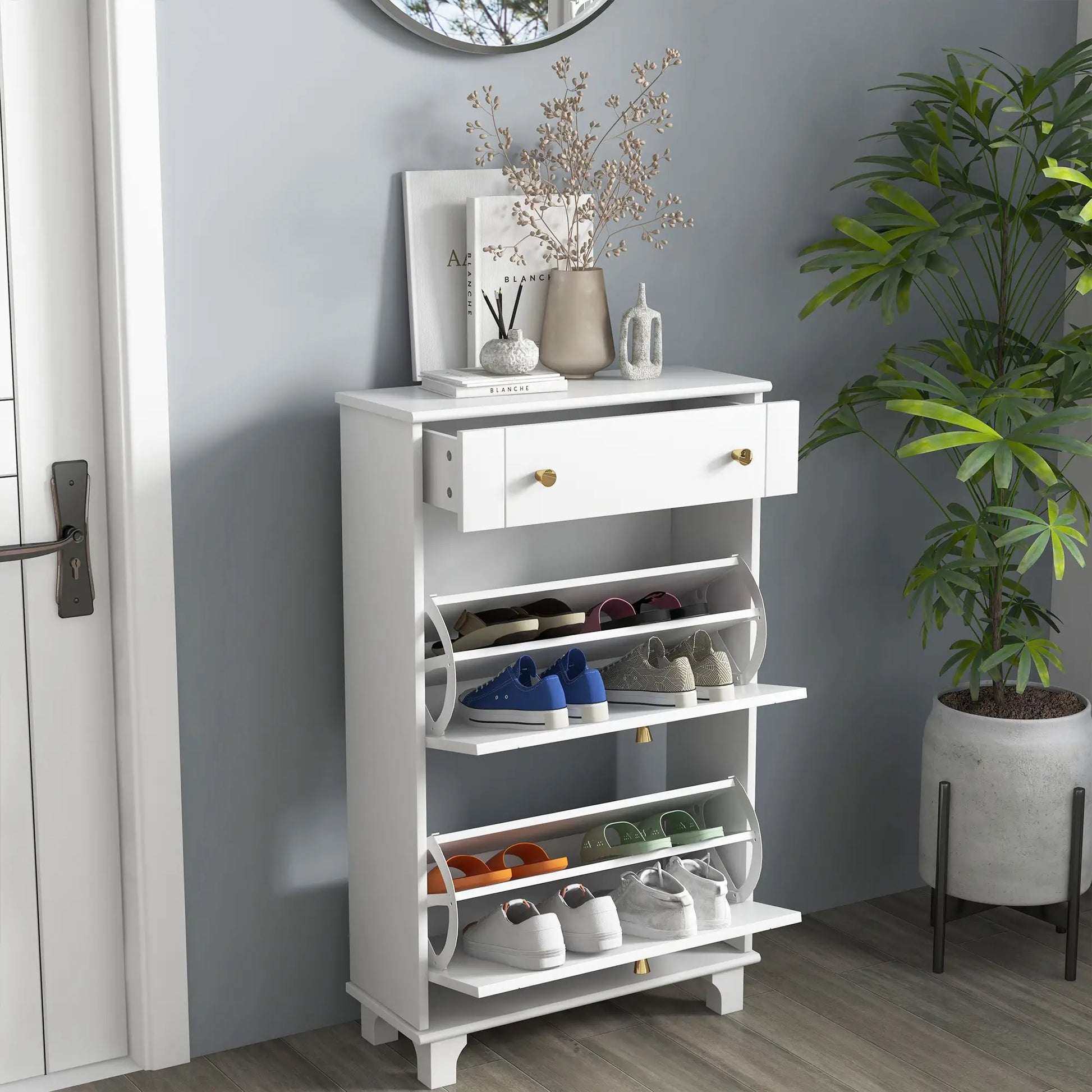 Slim Shoe Storage, 2 Flip Drawers, Adjustable Shelves, 8 Pair, White Shoe Storage Cabinets & Racks at Gallery Canada