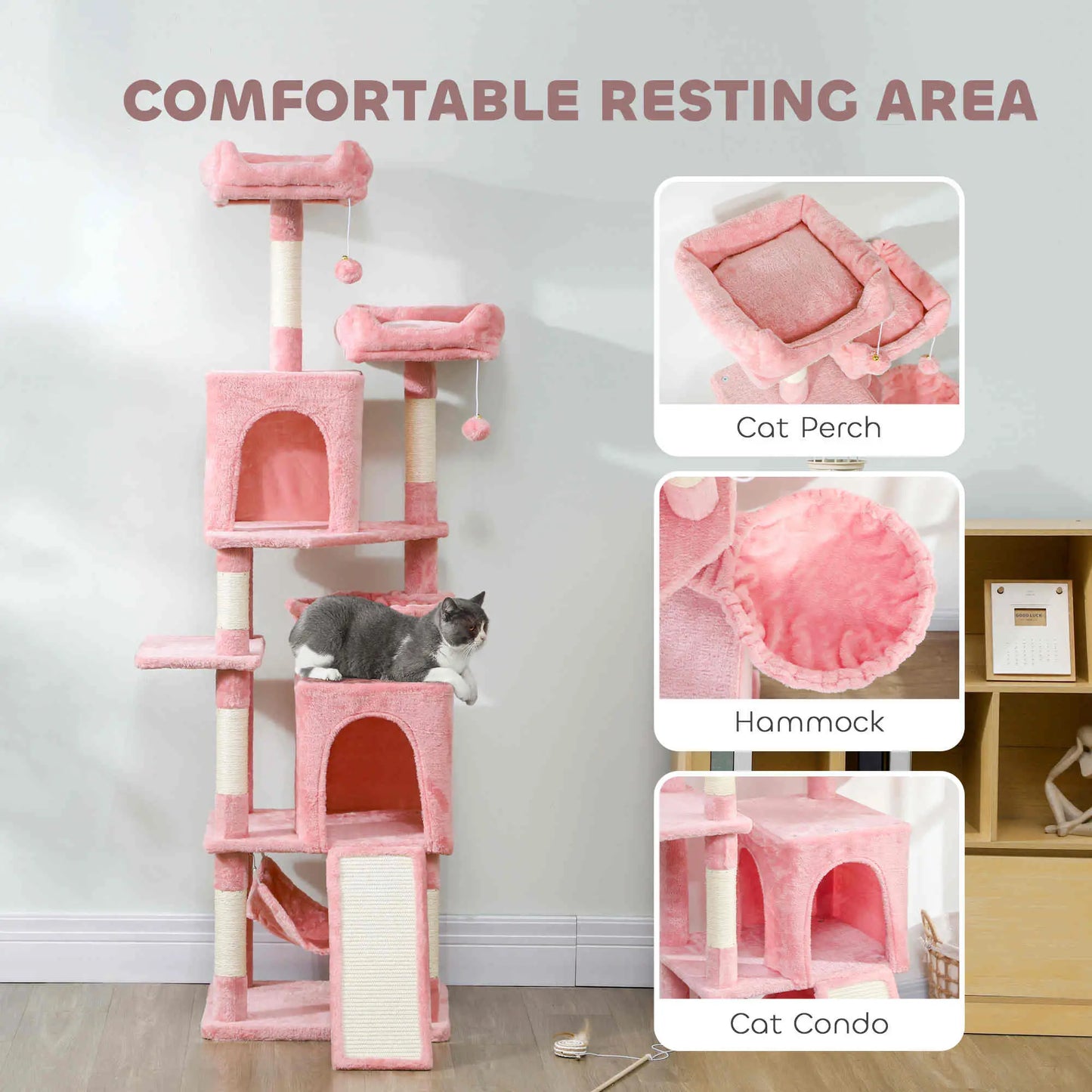 Cat Tree, 70 Inch Multi-Level Tower with Condos, Perches, Hammock, Pink Cat Towers at Gallery Canada