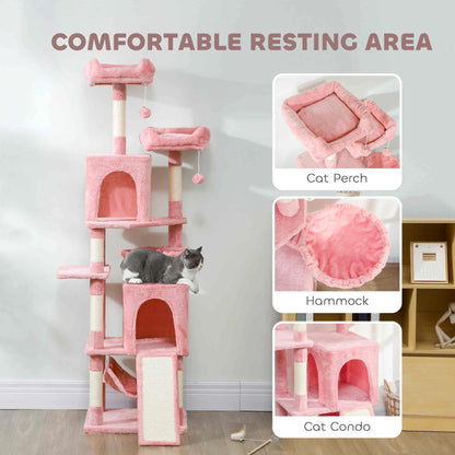 Cat Tree, 70 Inch Multi-Level Tower with Condos, Perches, Hammock, Pink Cat Towers at Gallery Canada