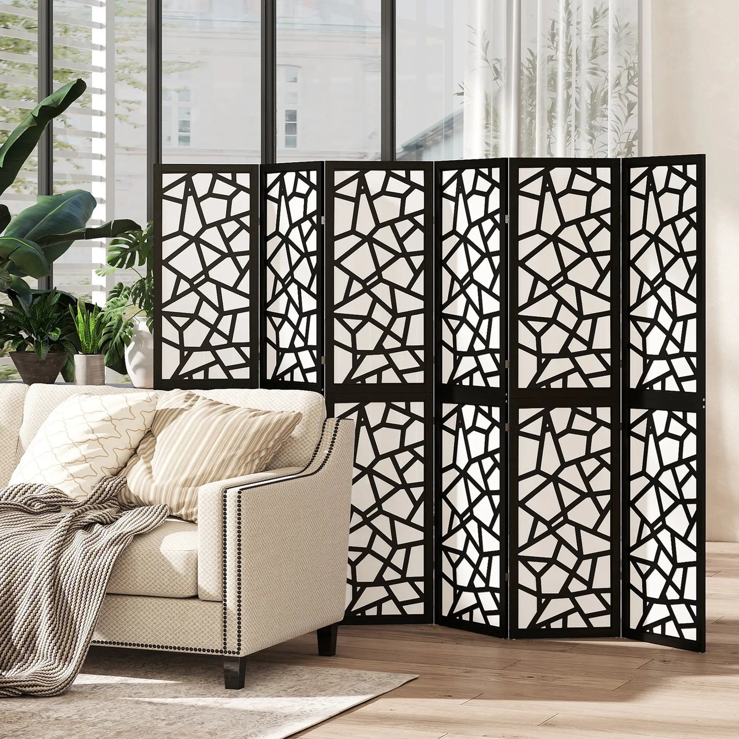 6 Panel Room Divider, 5.6 FT, Geometric Pattern Privacy Screen, Black Room Dividers at Gallery Canada