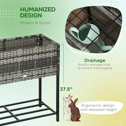 Rattan Raised Garden Box, Elevated Flower Bed with Shelf, Mixed Grey, Grey Plant Stands at Gallery Canada
