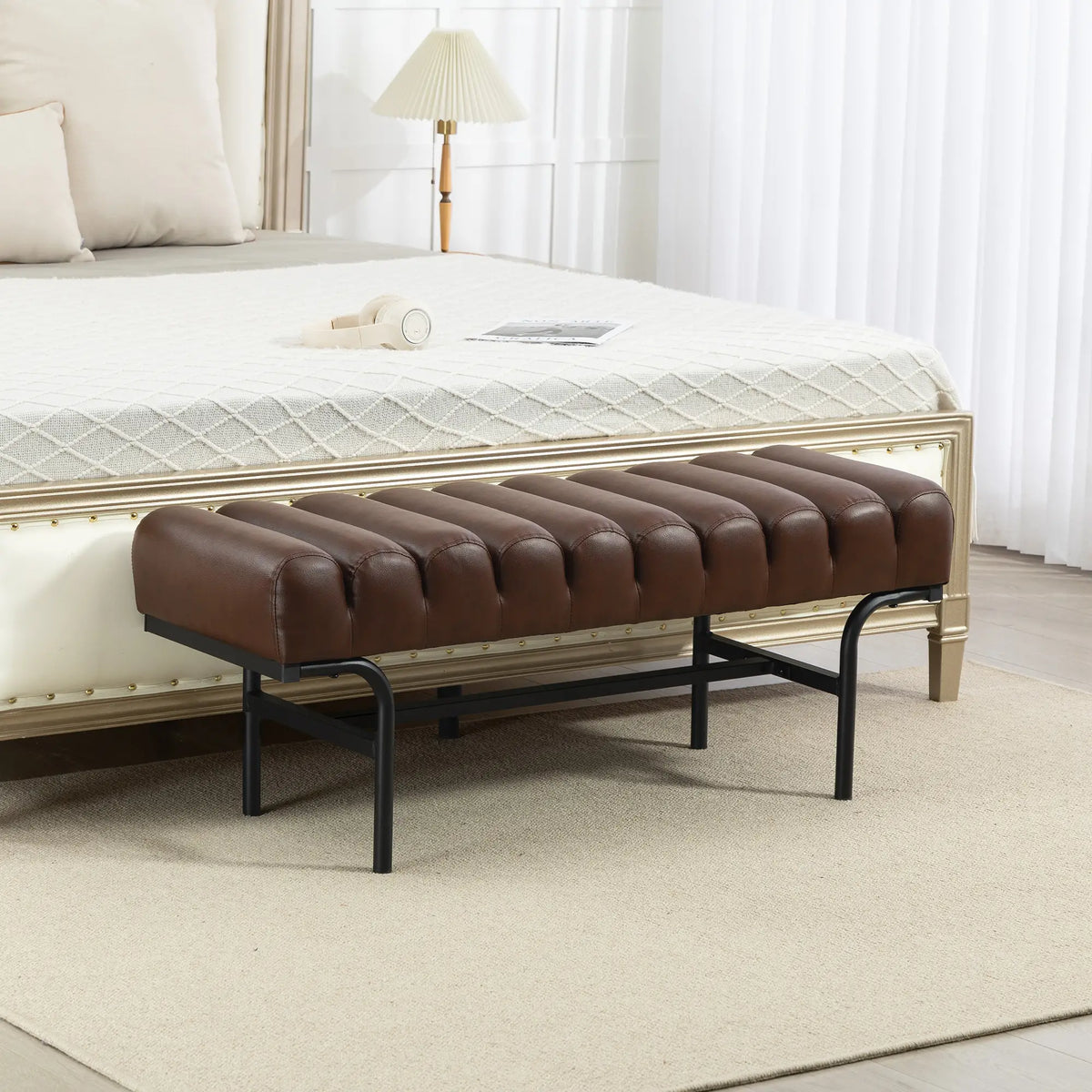 PU Leather Bed Bench, Cylindrical Seat, Metal Legs, Brown Storage Ottomans & Benches at Gallery Canada