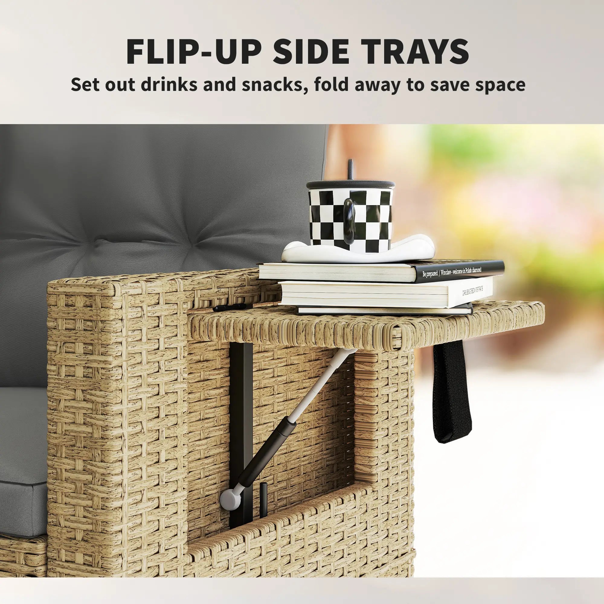 Wicker Outdoor Sofa With Side Trays, With Cushions, Light Grey Patio Furniture Sets at Gallery Canada