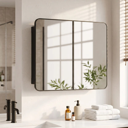 30 x 24 Inch Bathroom Medicine Cabinet, Mirror, Shelves, Black