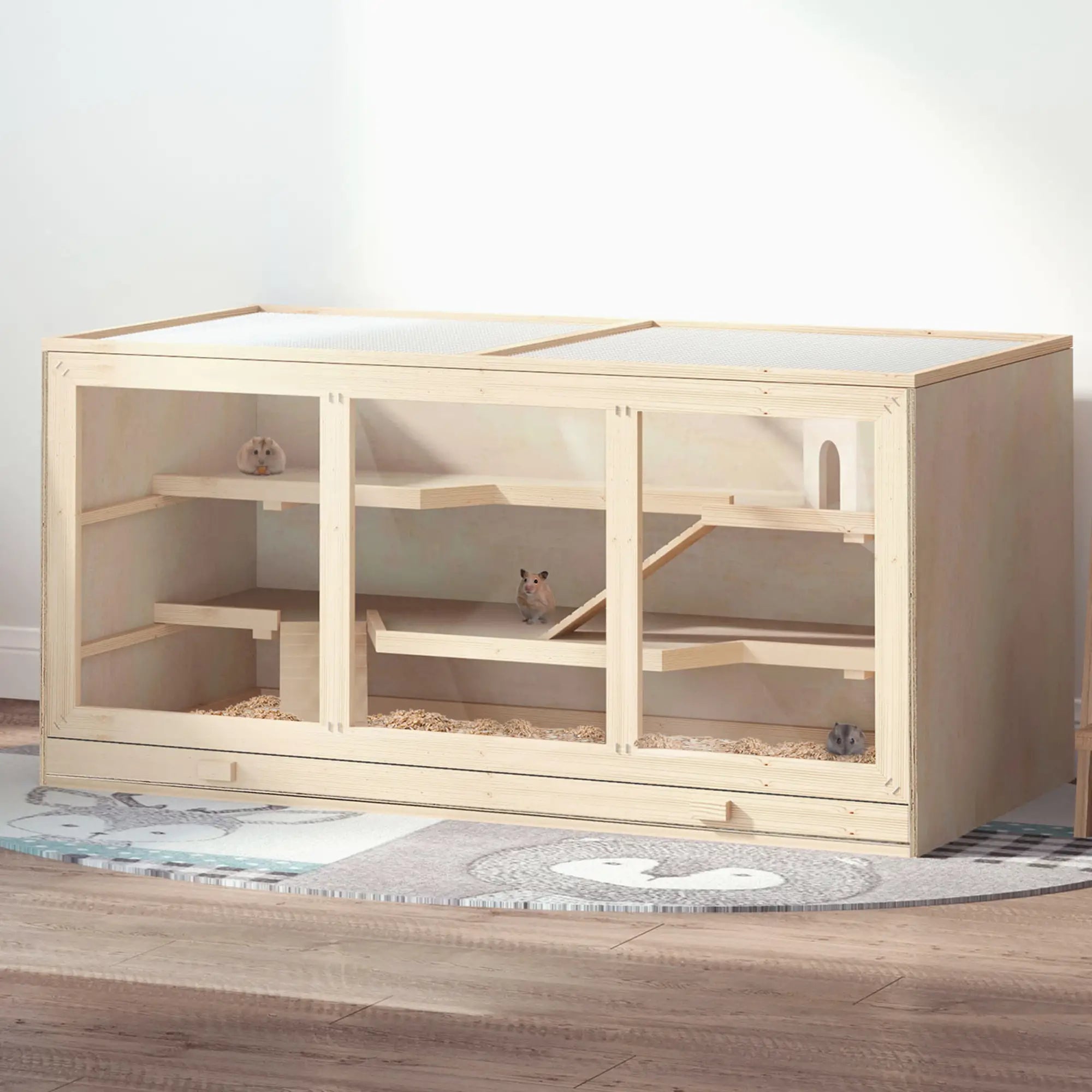 Wooden Hamster Cage with Slide, Tray, Natural Wood Hamster Cages at Gallery Canada