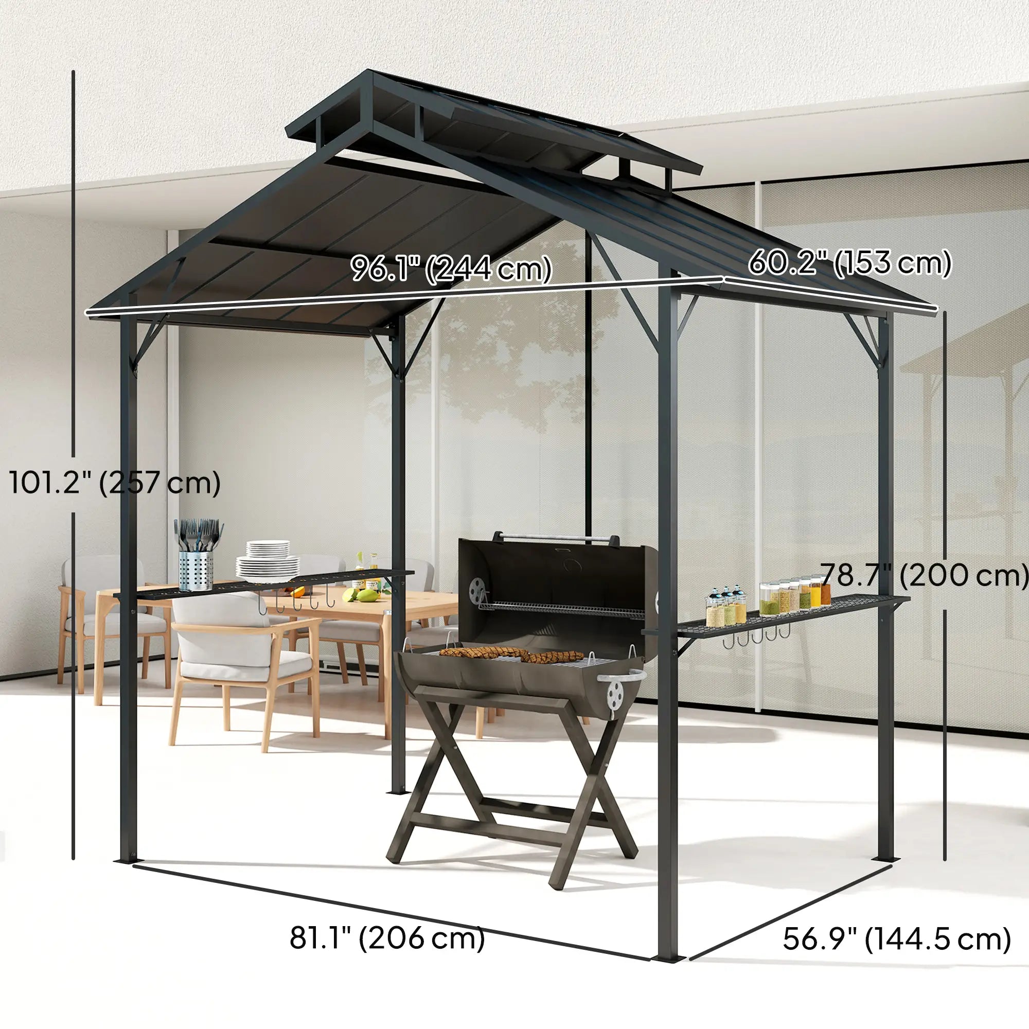 8 x 5ft Hardtop Grill Gazebo, Double Metal Roof, 2 Side Shelves, 10 Hooks BBQ Grill Gazebos at Gallery Canada