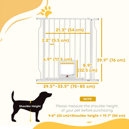 29.5-33.5" Adjustable Dog Gate with Cat Door, White