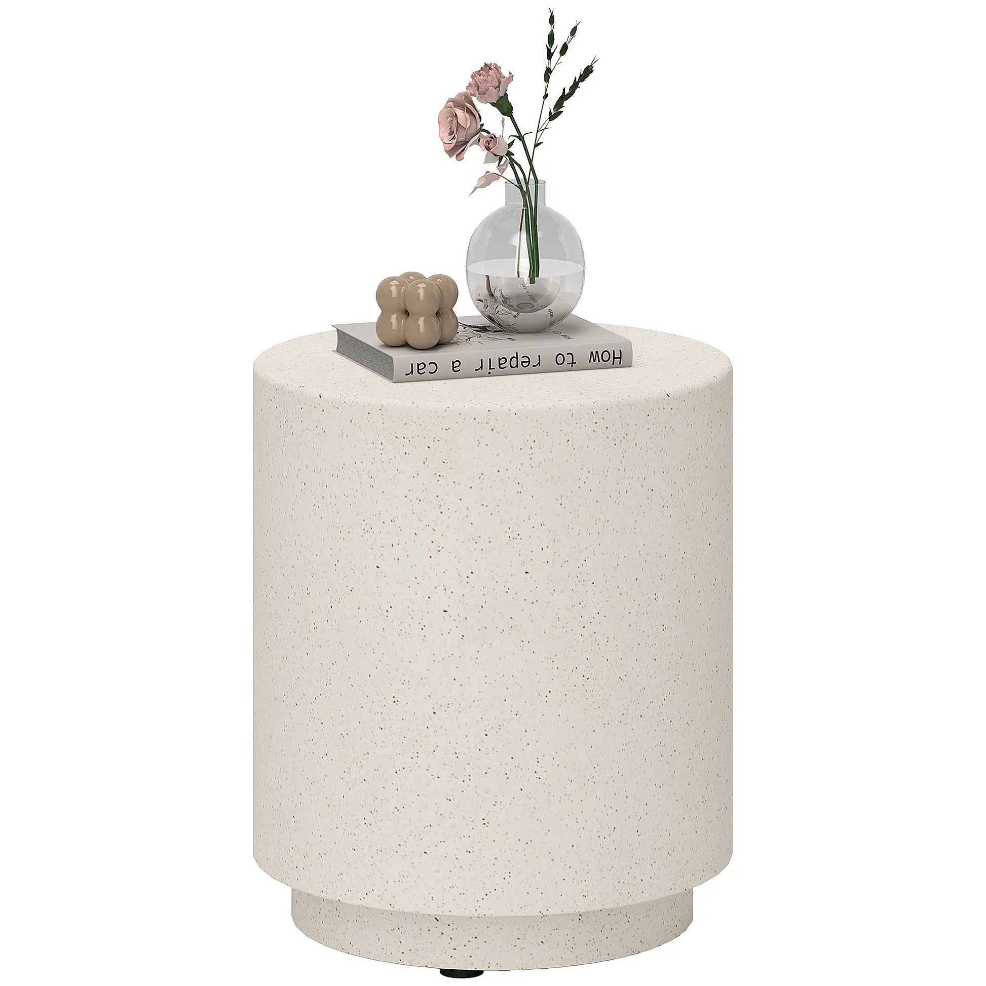 Terrazzo Finish Side Table, 17" Round, White, Cream Side Tables at Gallery Canada