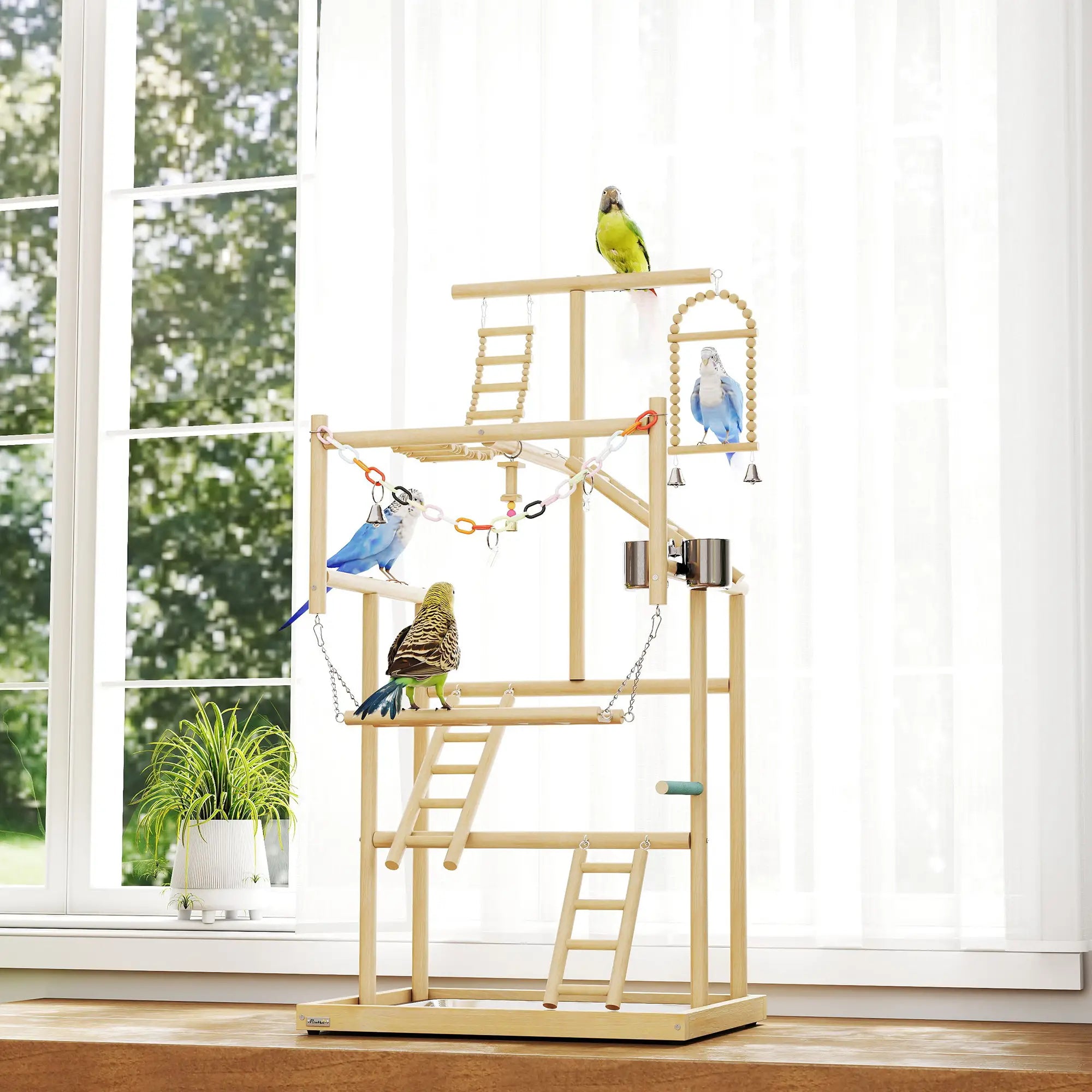 Bird Playground, 4 Layer Wooden Play Stand, Ladders, Chain Toy, Stainless Steel Cups Bird Cages at Gallery Canada