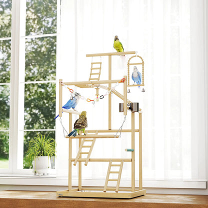 Bird Playground, 4 Layer Wooden Play Stand, Ladders, Chain Toy, Stainless Steel Cups Bird Cages at Gallery Canada