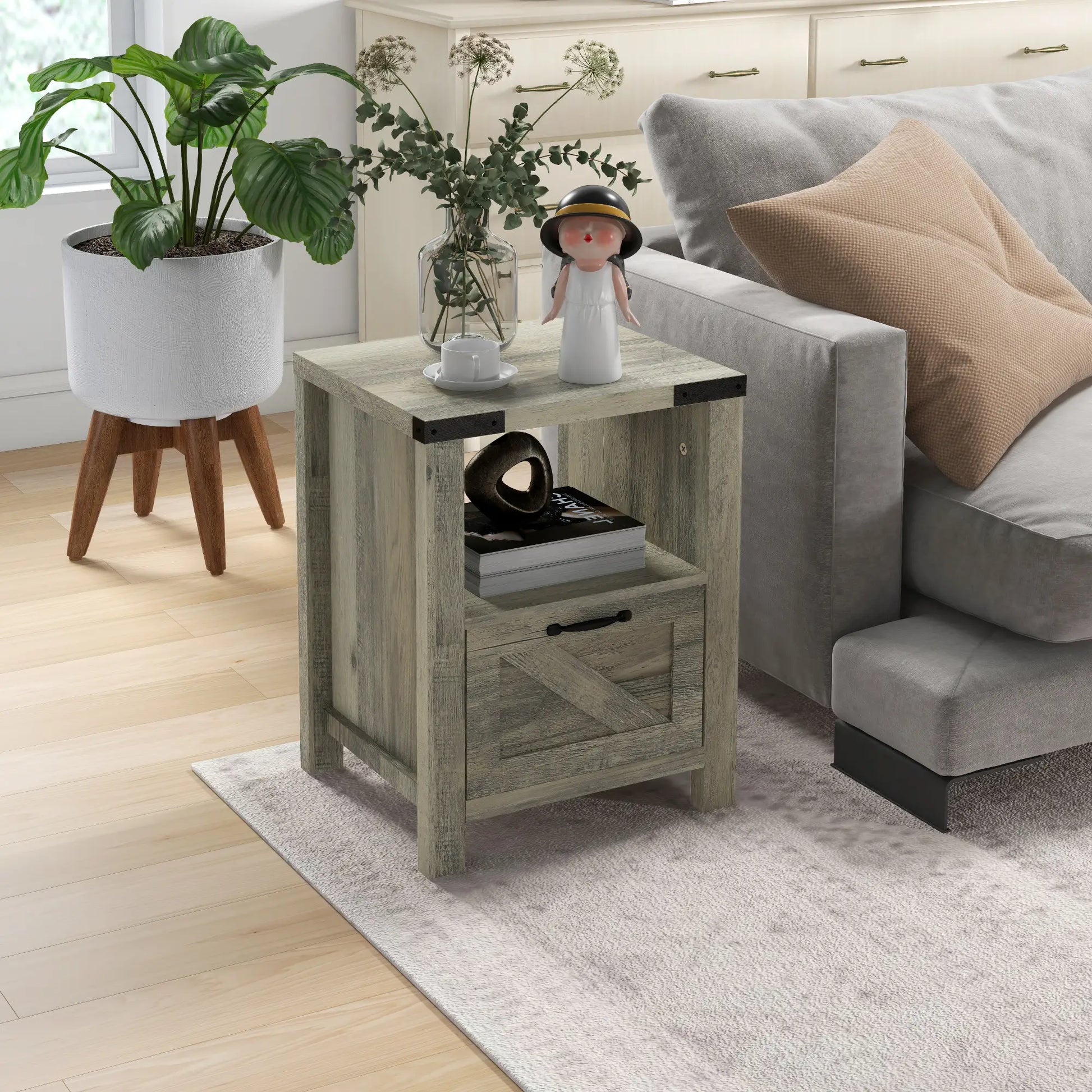 Farmhouse Side Table with Storage, Drawer, Open Shelf, Grey Side Tables at Gallery Canada