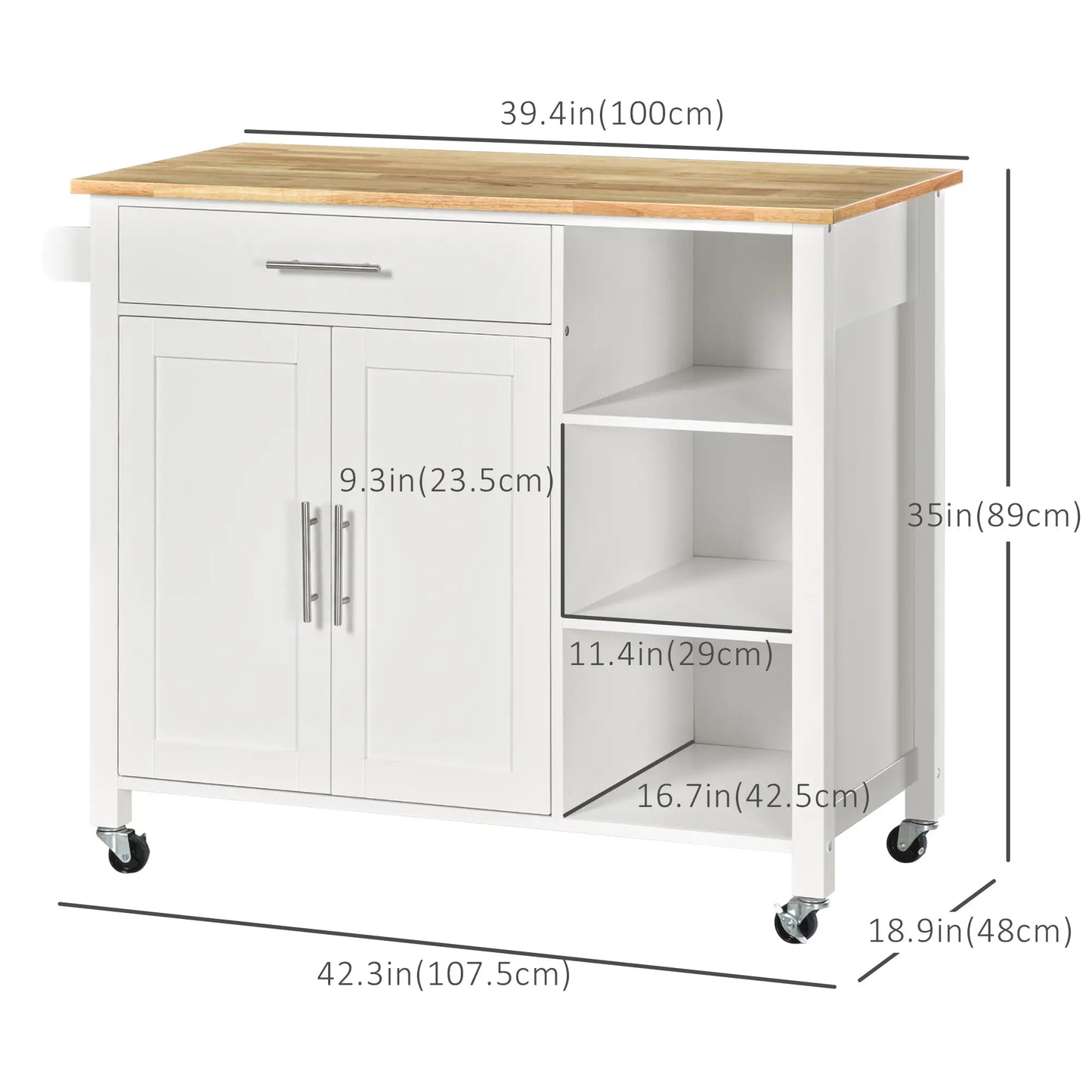 Wooden Rolling Kitchen Island, 360° Swivel Wheels, Drawer, Towel Rack, White Kitchen Islands & Kitchen Carts at Gallery Canada