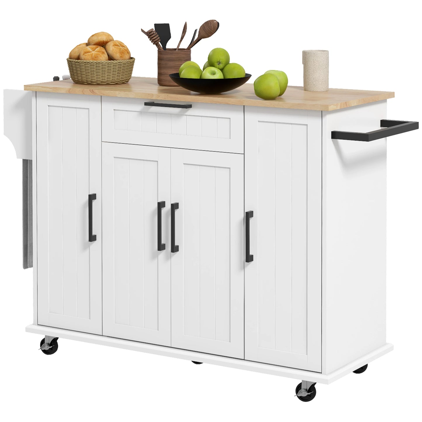 Modern Kitchen Island Cart, Natural Wood Top, Towel Rack, Door Storage, White Kitchen Islands & Kitchen Carts White, Natural at Gallery Canada