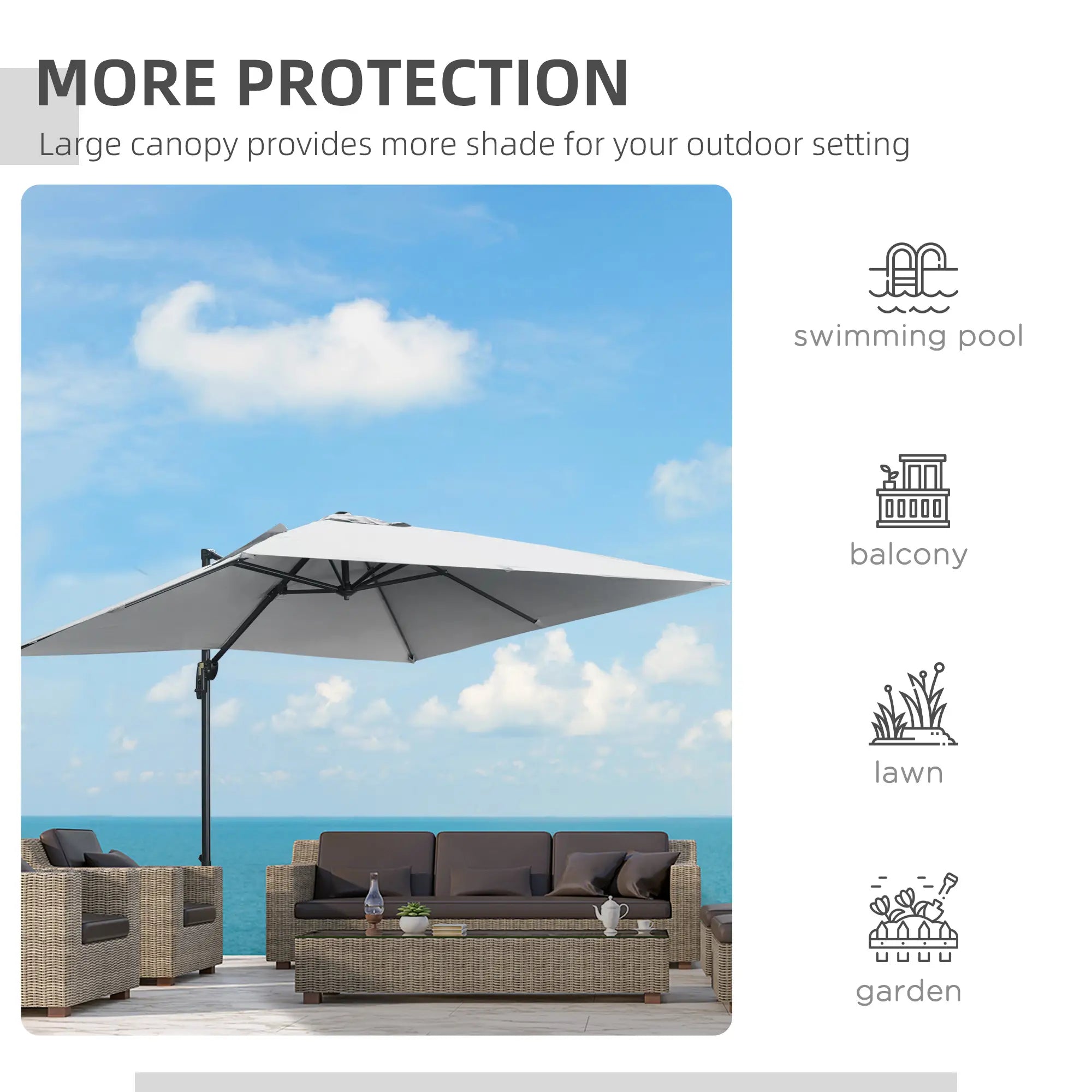 9ft Square Cantilever Patio Umbrella, Cross Base, Crank Handle, Light Grey Offset Cantilever Umbrellas at Gallery Canada