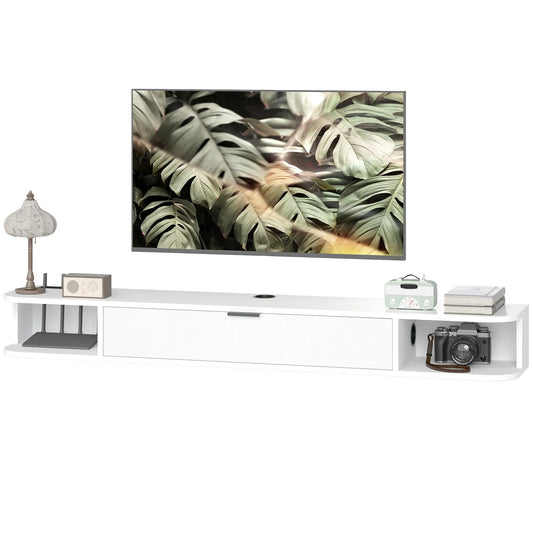 55 Inch Floating TV Stand, Wall Mounted Media Console, Flip Drawer, 2 Shelves, White